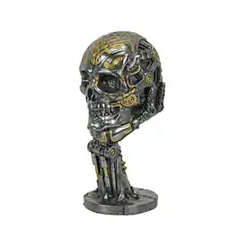 Veronese Design - Silver / Gold Finished Steampunk Human Skull Statue - Robotic Arm Base - Multicolored