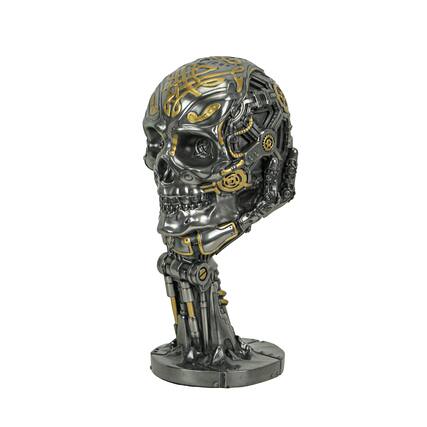 Front. Veronese Design - Silver / Gold Finished Steampunk Human Skull Statue - Robotic Arm Base - Multicolored.