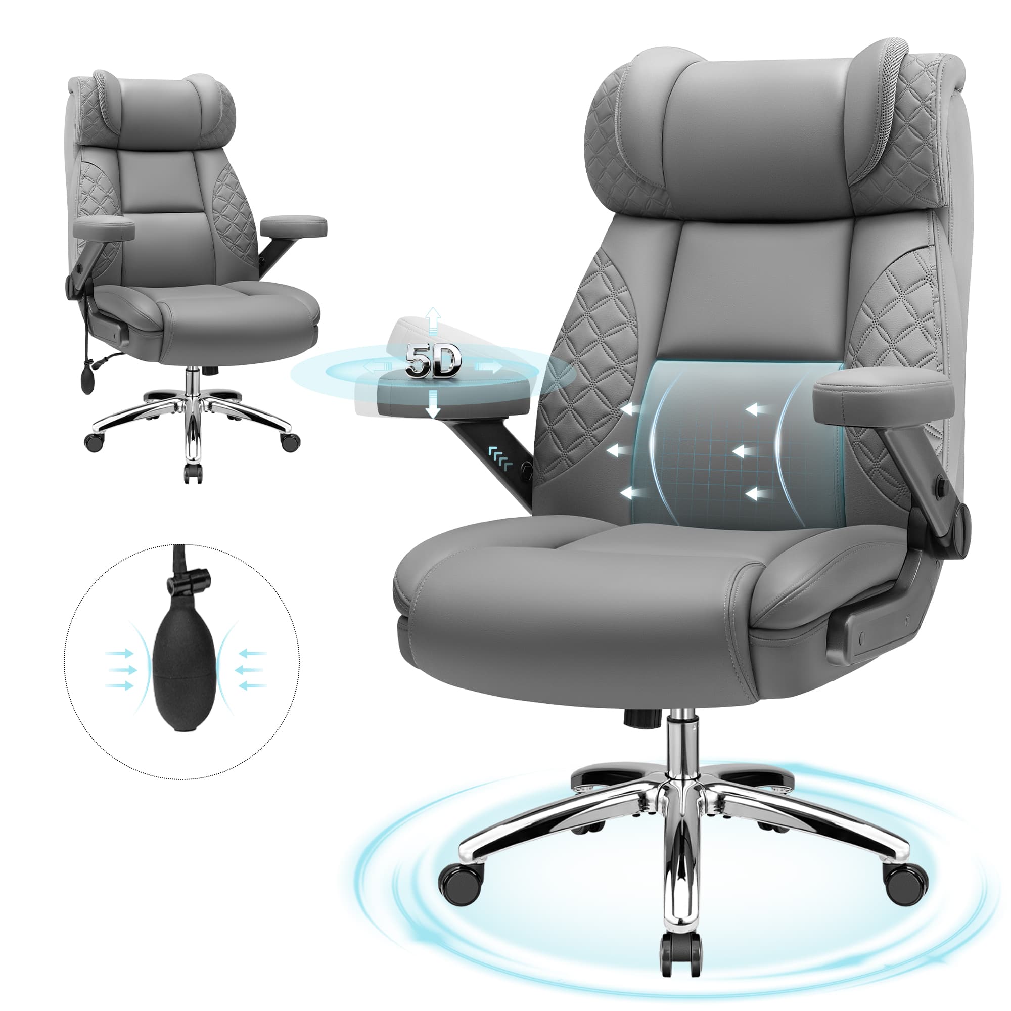 KERDOM - Big Tall Ergonomic Office Chair with Air-Pumb Lumbar Support, 5D Adjustable Arms, Executive Desk Chair for Heavy People - Gray