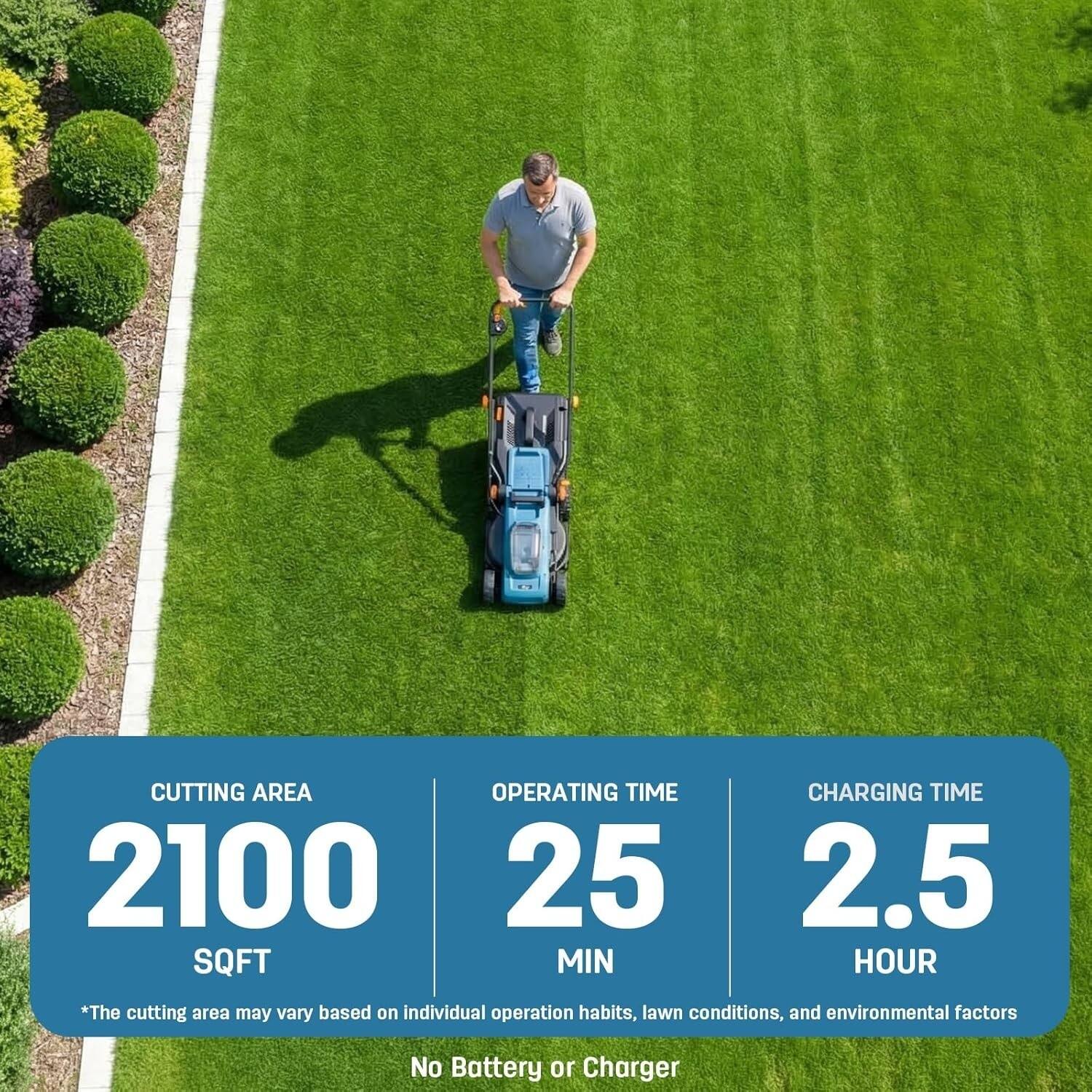 CUTTING AREA: 2100 SQFT  
OPERATING TIME: 25 MIN  
CHARGING TIME: 2.5 HOUR  

*The cutting area may vary based on individual operation habits, lawn conditions, and environmental factors  

No Battery or Charger