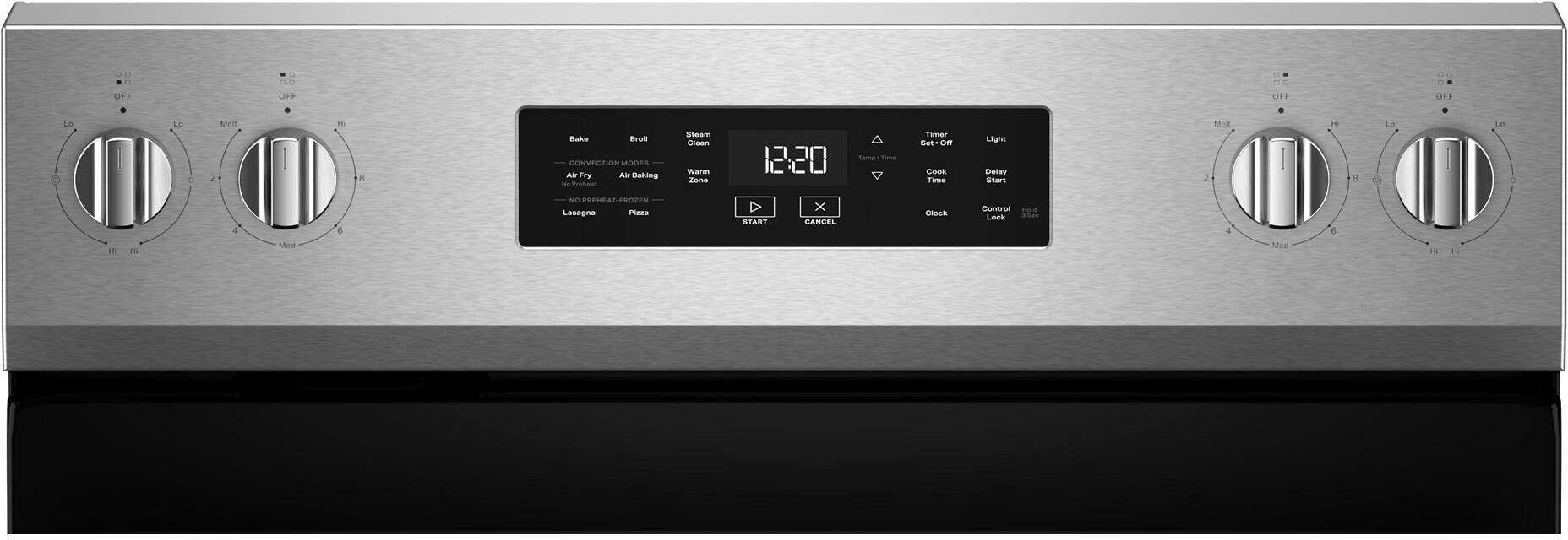 Sure, here is the corrected and grouped text:

---

**OFF OFF OFF OFF**

**Le d Med 2 E Bake Bro CONVECTION MODES Air Pry Au Baking - Steam Clean Warm Zon 12:20 Timer Set OR Coon Tame Lig Delay seart Meil . - 1 La - e - H . 4 snoo E NO PRESIAT-PROZEN Lasagna Prza START x CANDEL Clock Centrol LOOk 4 Med . -**

---

**Bake**  
**Broil**  
**Steam Clean**  
**Warm**  
**Air Fry**  
**Air Baking**  
**No Preheat - Frozen**  
**Lasagna**  
**Pizza**  

**12:20**  

**Temp/Time**  
**Timer Set - Off**  
**Light**  
**Cook Start**  
**Delay Start**  
**Clock**  
**Control Lock**  

**START**  
**CANCEL**  

---