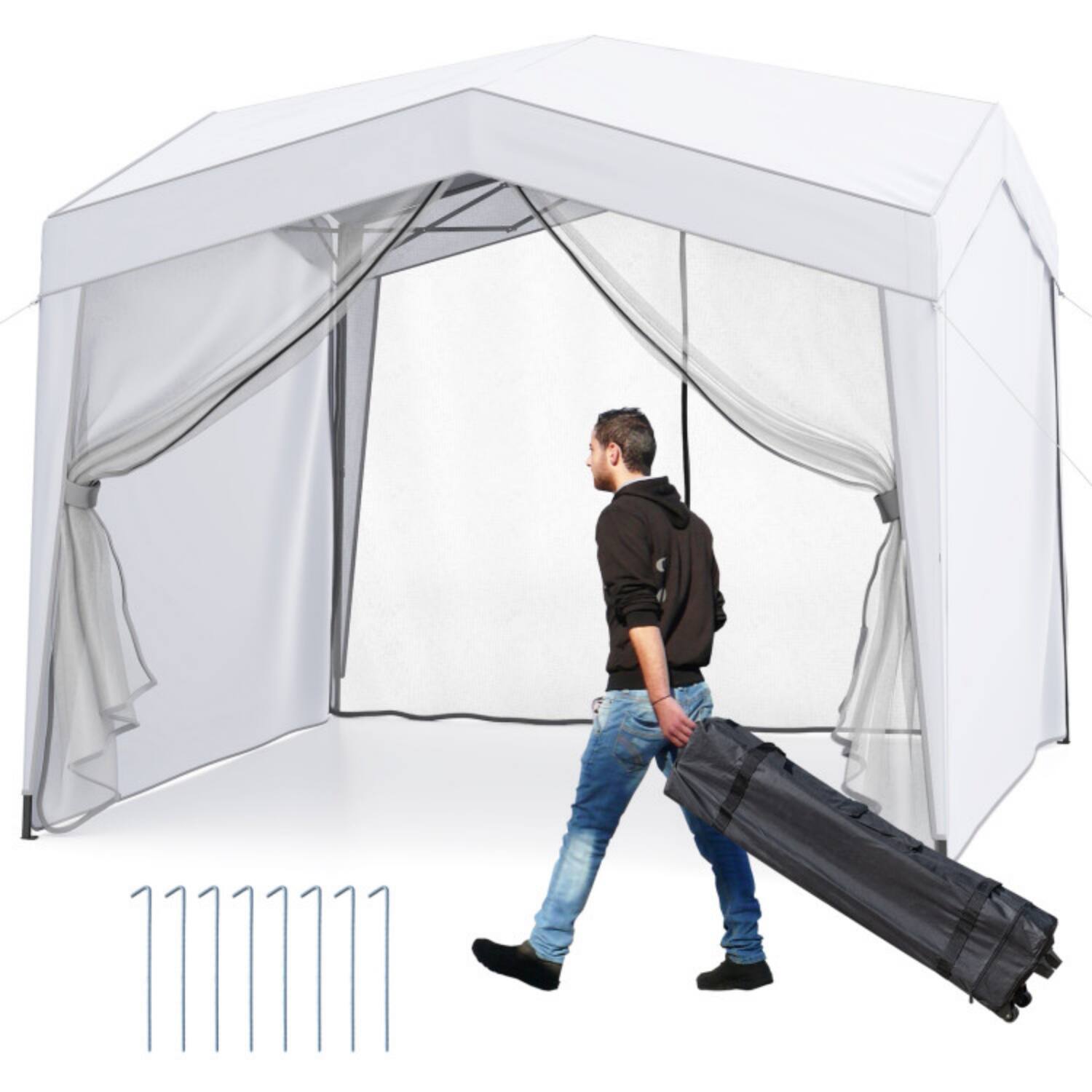 Alt View 3. Mondawe - 10 x 10 FT Pop-Up Canopy Tent with 4 Sidewalls, Mesh Netting, and Wheeled Bag - White.