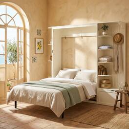 Whisen - Queen Murphy Bed with Desk Storage & LED Lights, Space-Saving Wall Bed for Guest Room & Home Office - White