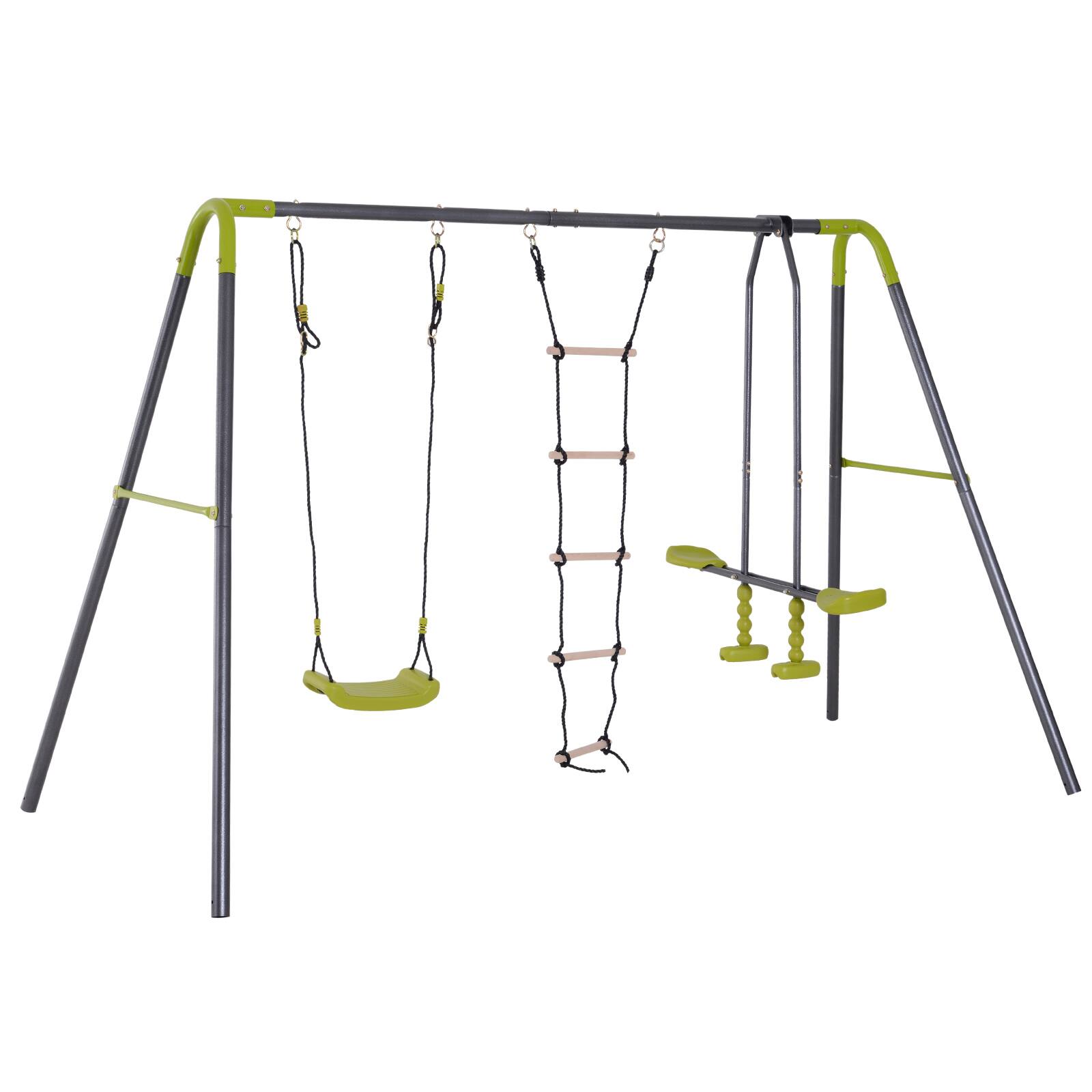 Front. Homcom - 3 in 1 Kids Metal Swing Set for Backyard with Swing Seat, Glider and Climbing Ladder, Heavy Duty Metal Frame.