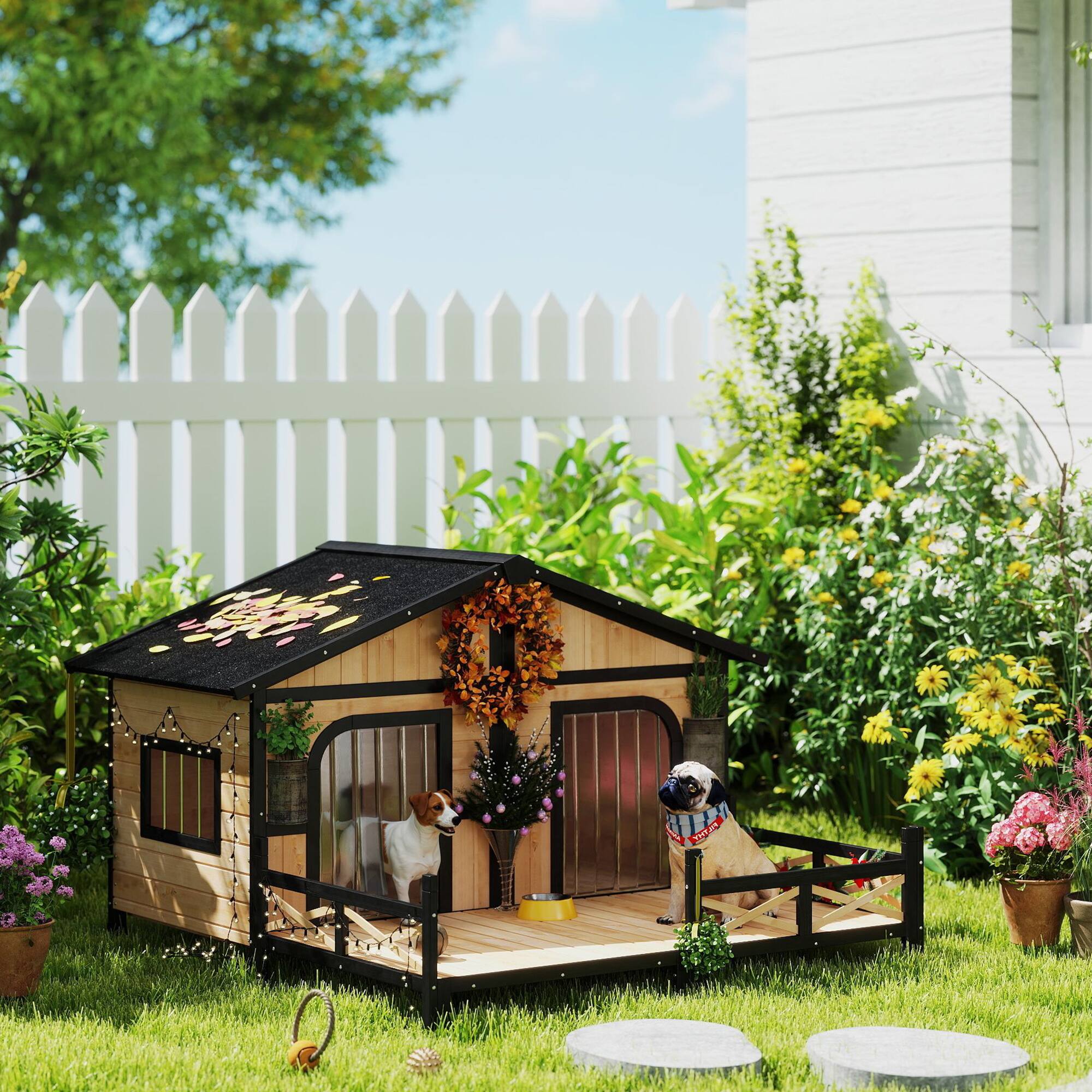 Angle. Pawhut - Dog House Outdoor, Wooden, Double Room, Openable Roof, Removable Bottom, Small to Medium Dogs.
