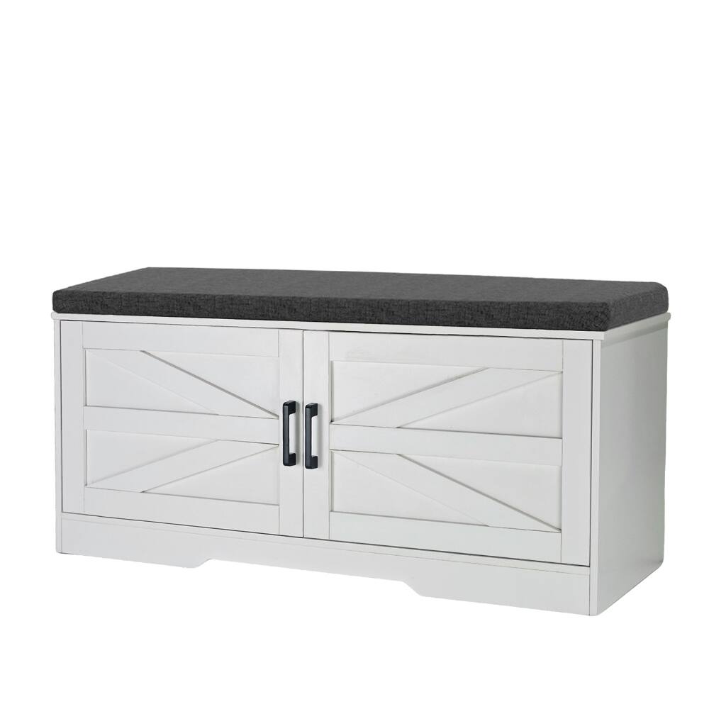 Alt View 6. Ropilly - Ropilly White Farmhouse Shoe Bench with Padded Seat Cushion and Barn Doors Storage Entryway Bench - White.