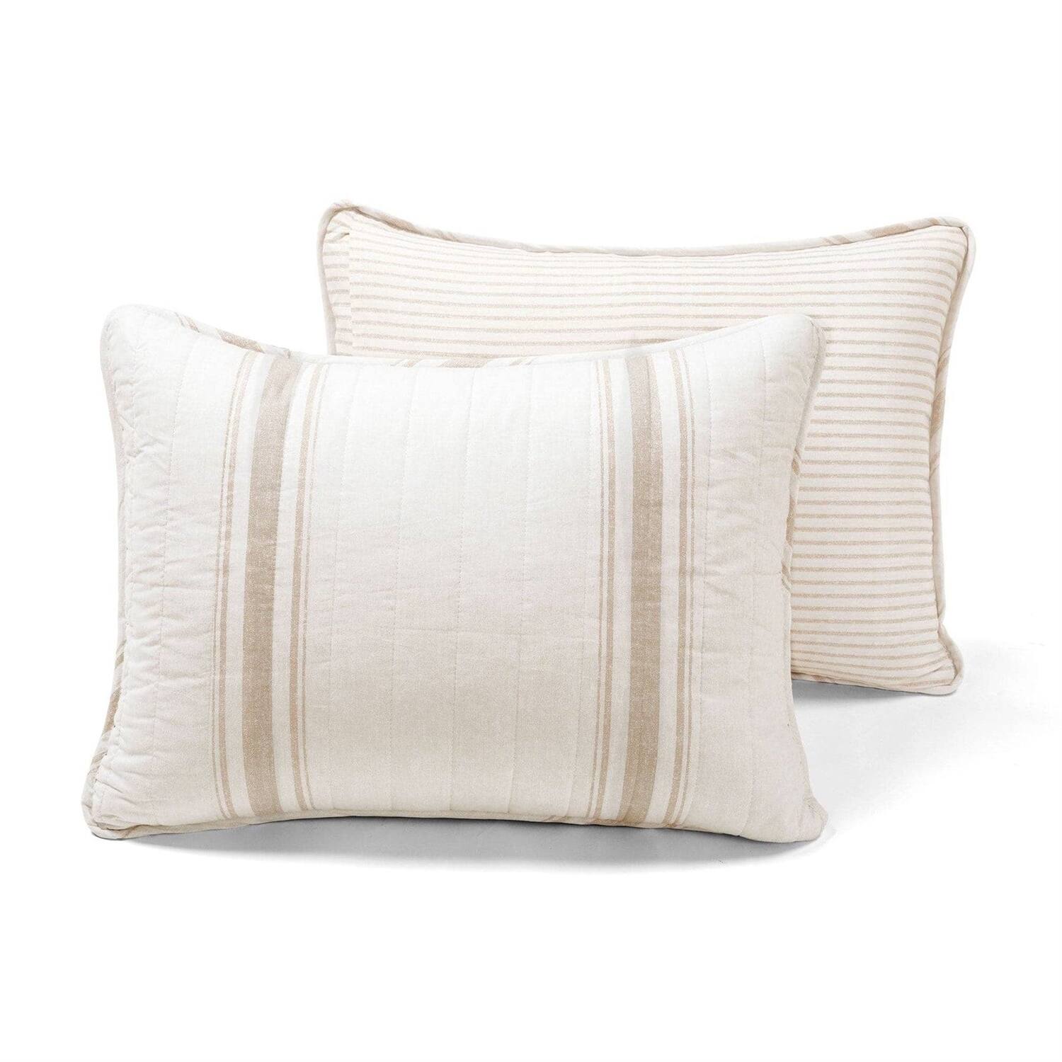 Back. Hivvago - King Size Beige White 3 Piece Stripe Reversible Cotton Quilt Set - Beige, White.