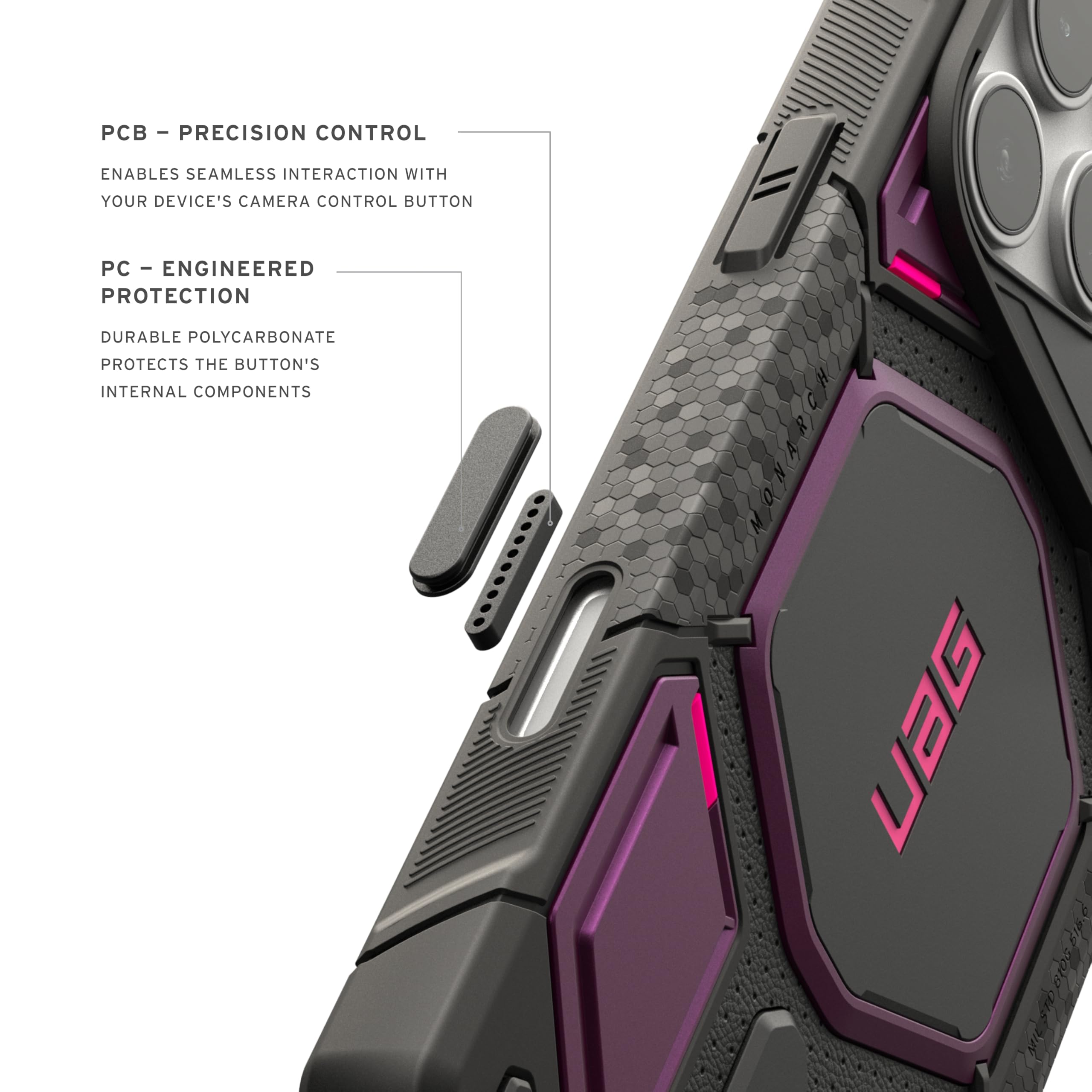 - PCB - PRECISION CONTROL
  ENABLES SEAMLESS INTERACTION WITH YOUR DEVICE'S CAMERA CONTROL BUTTON

- PC - ENGINEERED PROTECTION
  DURABLE POLYCARBONATE PROTECTS THE BUTTON'S INTERNAL COMPONENTS

- UBG BIOS BIE.6 plu.d 100 sps