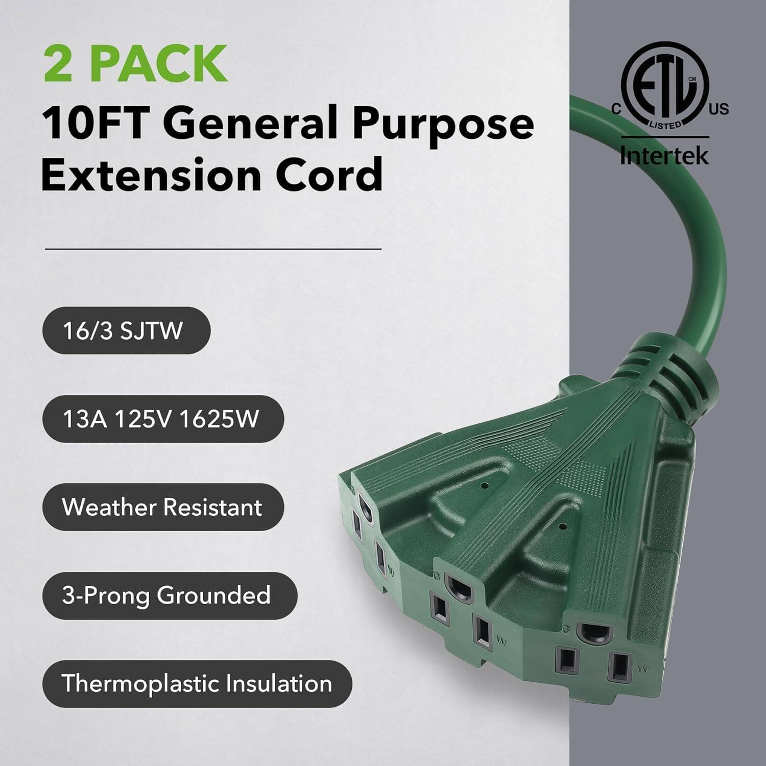 2 PACK  
10FT General Purpose Extension Cord  
16/3 SJTW  
13A 125V 1625W  
Weather Resistant  
3-Prong Grounded  
Thermoplastic Insulation  
ETL Listed US  
Intertek
