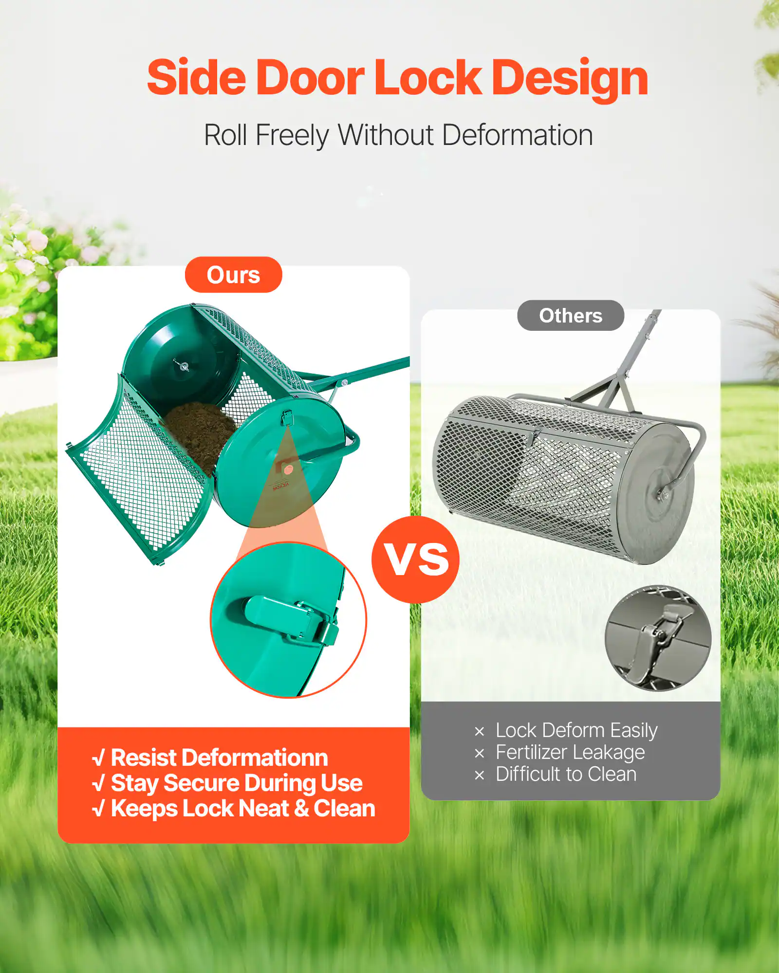 Side Door Lock Design  
Roll Freely Without Deformation

Ours  
✓ Resist Deformation  
✓ Stay Secure During Use  
✓ Keeps Lock Neat & Clean

VS

Others  
× Lock Deform Easily  
× Fertilizer Leakage  
× Difficult to Clean