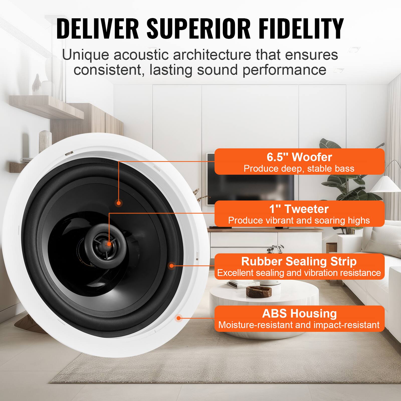 DELIVER SUPERIOR FIDELITY

Unique acoustic architecture that ensures consistent, lasting sound performance

- 6.5" Woofer
  Produce deep, stable bass

- 1" Tweeter
  Produce vibrant and soaring highs

- Rubber Sealing Strip
  Excellent sealing and vibration resistance

- ABS Housing
  Moisture-resistant and impact-resistant