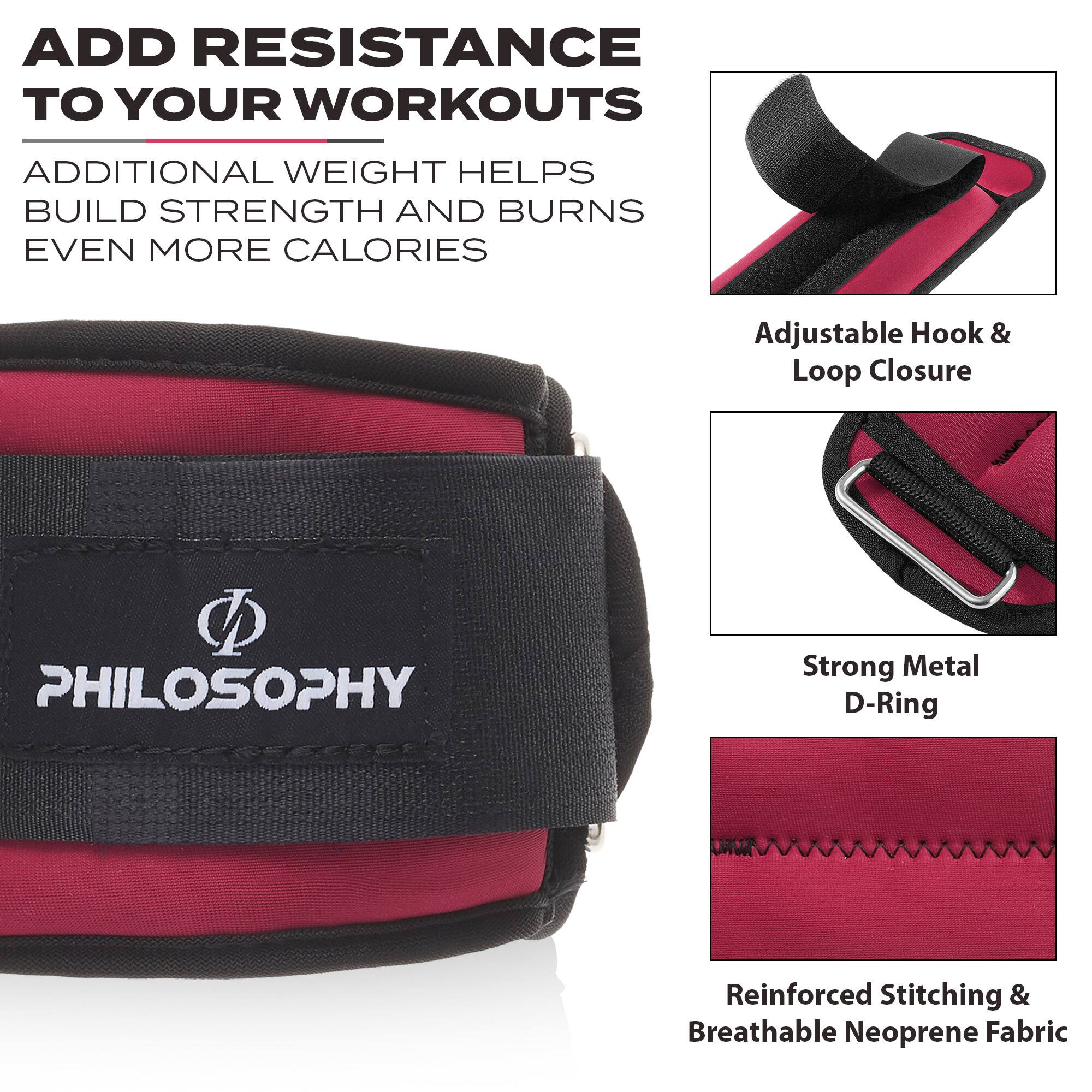 ADD RESISTANCE TO YOUR WORKOUTS  
ADDITIONAL WEIGHT HELPS BUILD STRENGTH AND BURNS EVEN MORE CALORIES  

Adjustable Hook & Loop Closure  
Strong Metal D-Ring  
Reinforced Stitching & Breathable Neoprene Fabric  

PHILOSOPHY