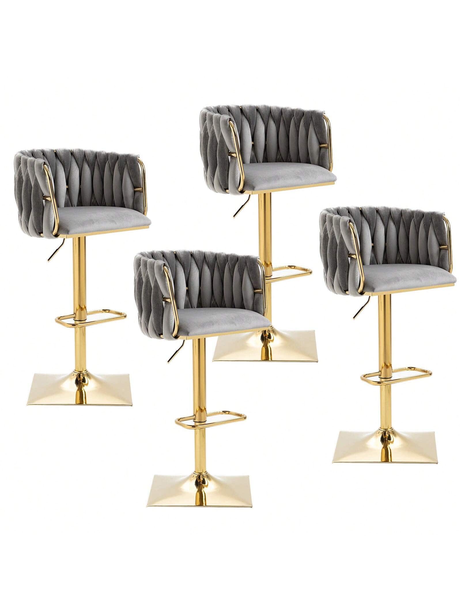 Trinkets Crazed - Swivel Velvet Bar Stool Set Of 4, Adjustable Comfy Counter Height Barstool, Modern Dining Chair With Woven Back - Gray