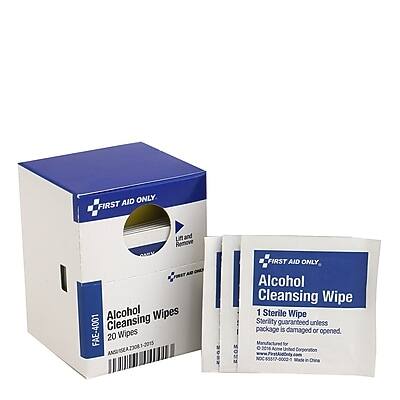 **FIRST AID ONLY**

**Alcohol Cleansing Wipes**

- 1 Sterile Wipe
- Sterility guaranteed unless package is damaged or opened
- 20 Wipes
- FAE-4001
- Manufactured for: First Aid Only
- Manufactured by: Medline Industries, Inc.
- www.firstaidonly.com

**Packaging Information:**
- Net Wt. 2 oz (57g)
- 2015 ANS
- 2016 MOUM