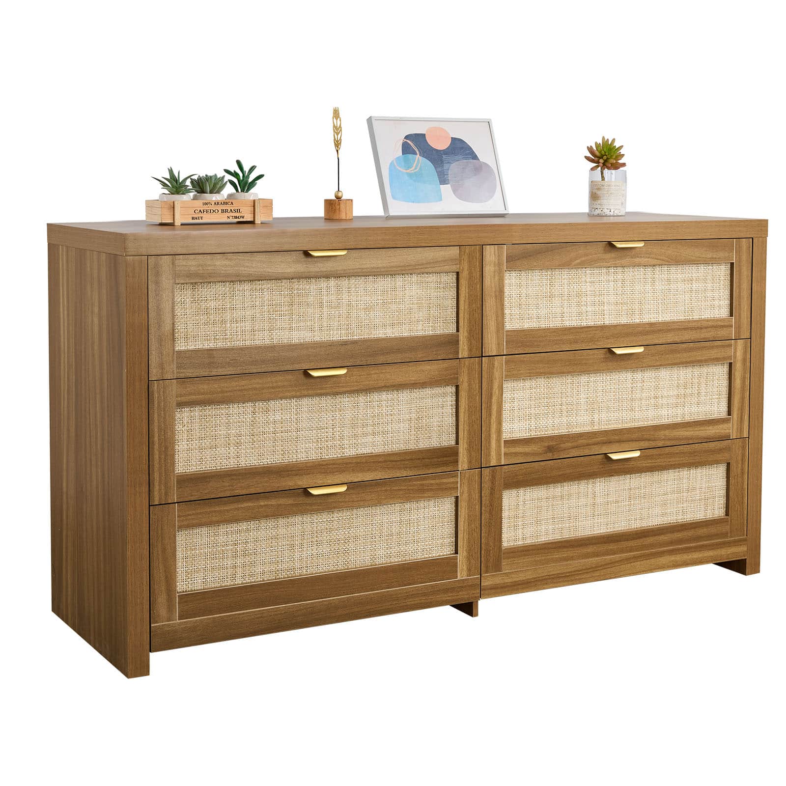 VEVOR - 6 Drawer Rattan Dresser, Double Dresser for Bedroom, Natural Rattan Chest of Drawer with Metal Handle, Modern Wood Chest - Natural Wood