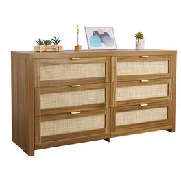 VEVOR - 6 Drawer Rattan Dresser, Double Dresser for Bedroom, Natural Rattan Chest of Drawer with Metal Handle, Modern Wood Chest - Natural Wood