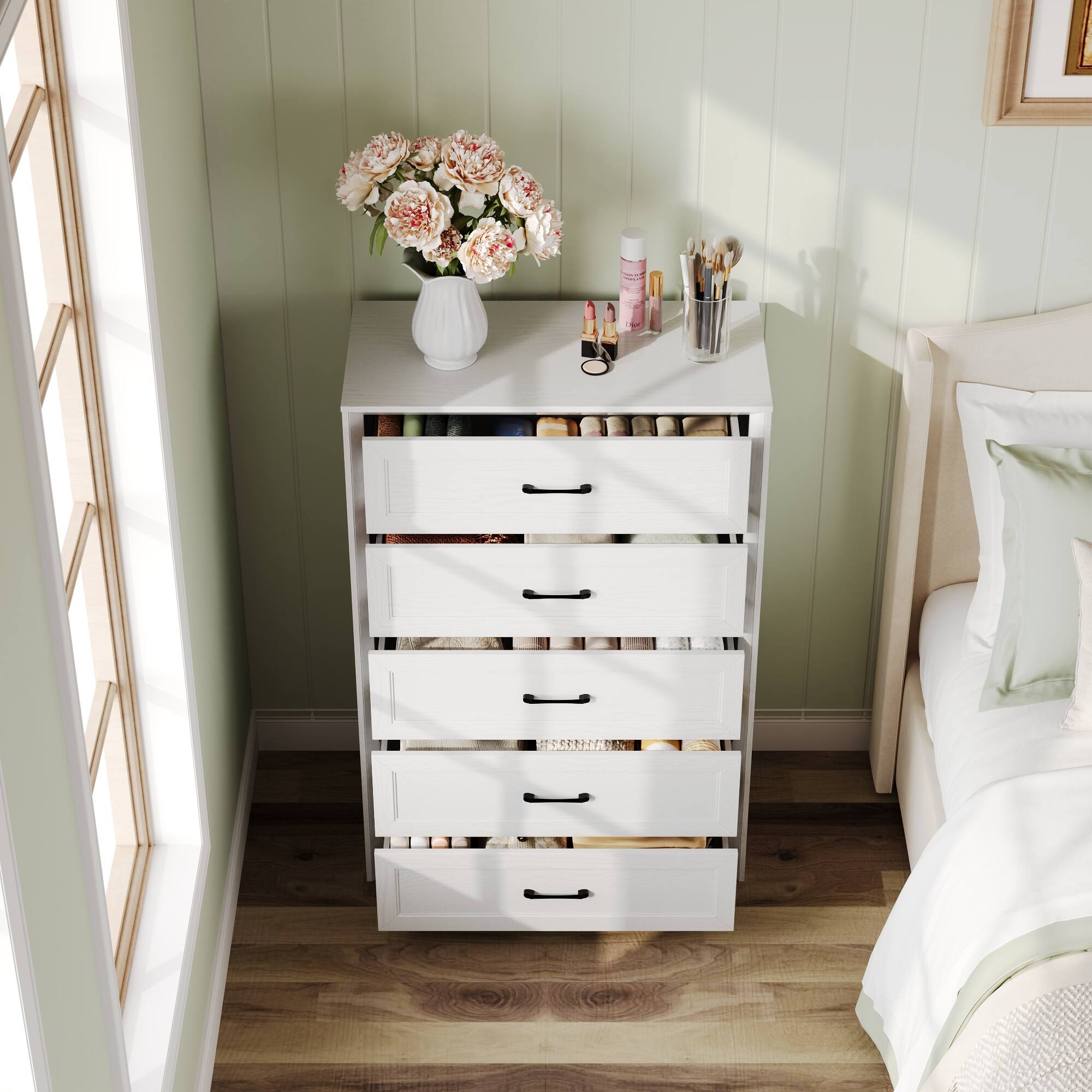 Left. FUFU&GAGA - Vintage Light Wood Grain 5-Drawer Dresser, Modern Minimalist Design, Eco-Friendly MDF, Perfect for Bedroom, Living Room - White.
