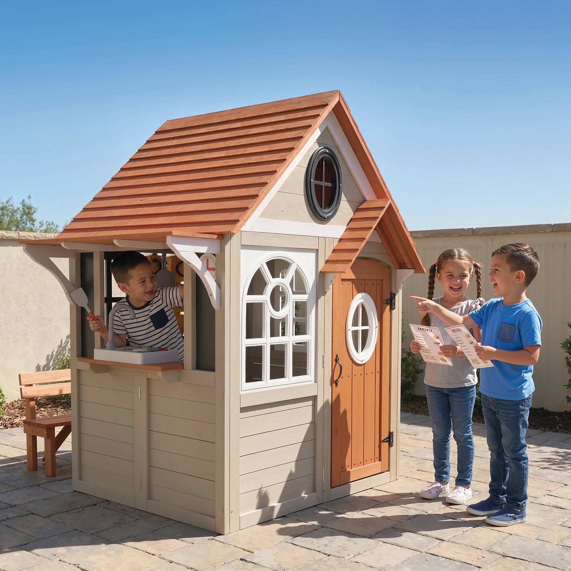 Alt View 1. Qaba - Playhouse, Wooden Kids Playhouse with Dog Door, Cookware, Blackboard, Clock - Gray.