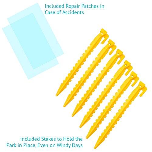 Included Repair Patches in Case of Accidents

Included Stakes to Hold the Park in Place, Even on Windy Days