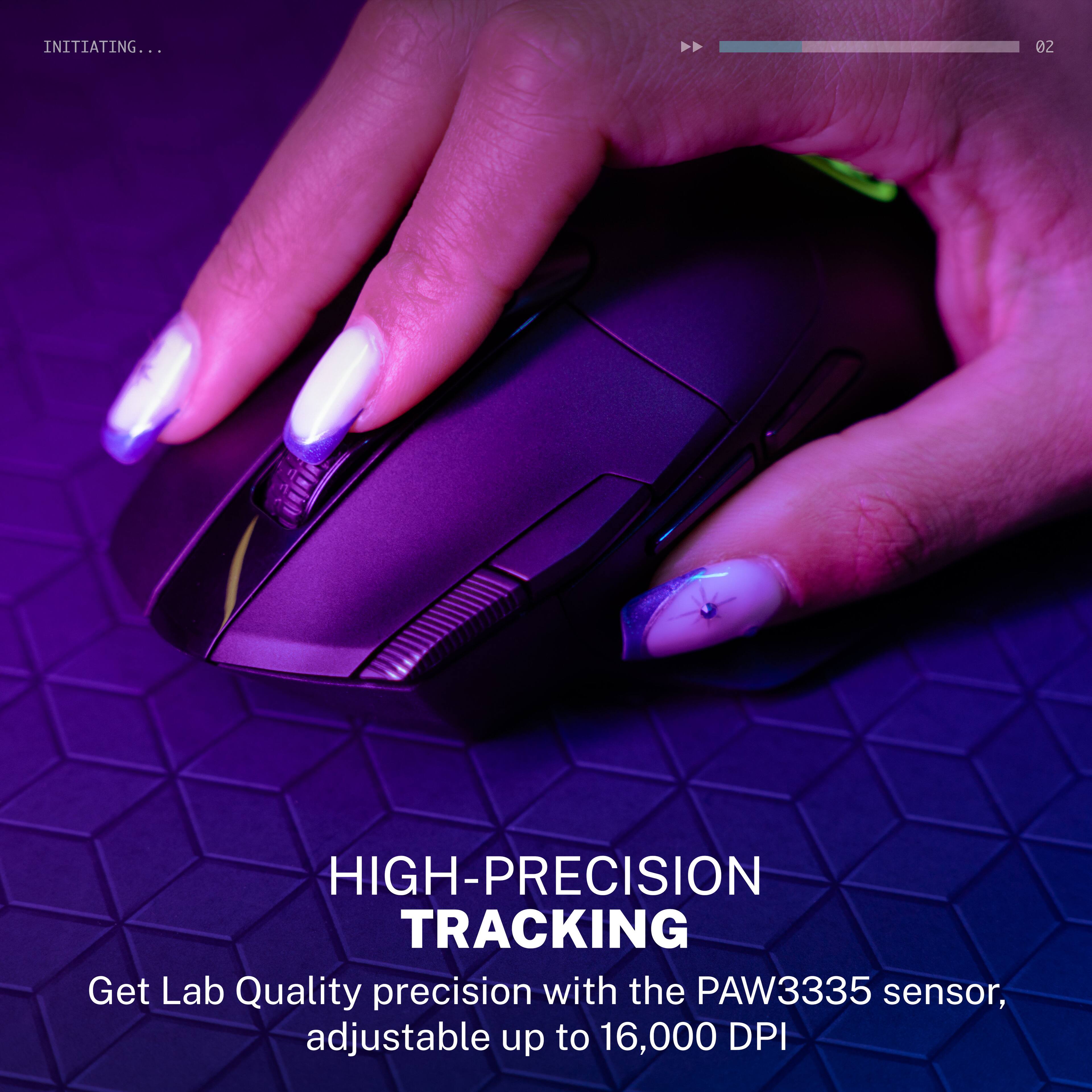 INITIATING...  
02 HIGH-PRECISION TRACKING  
Get Lab Quality precision with the PAW3335 sensor, adjustable up to 16,000 DPI