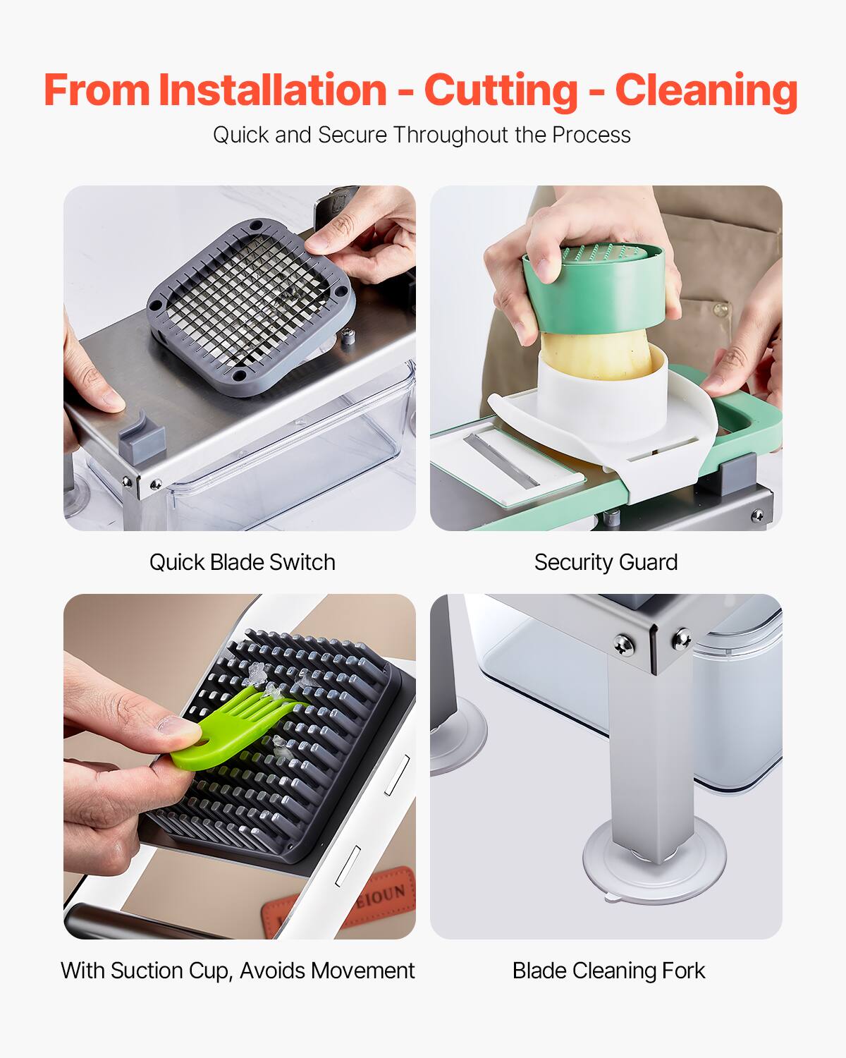 From Installation - Cutting - Cleaning  
Quick and Secure Throughout the Process  

Quick Blade Switch  
Security Guard  
With Suction Cup, Avoids Movement  
Blade Cleaning Fork