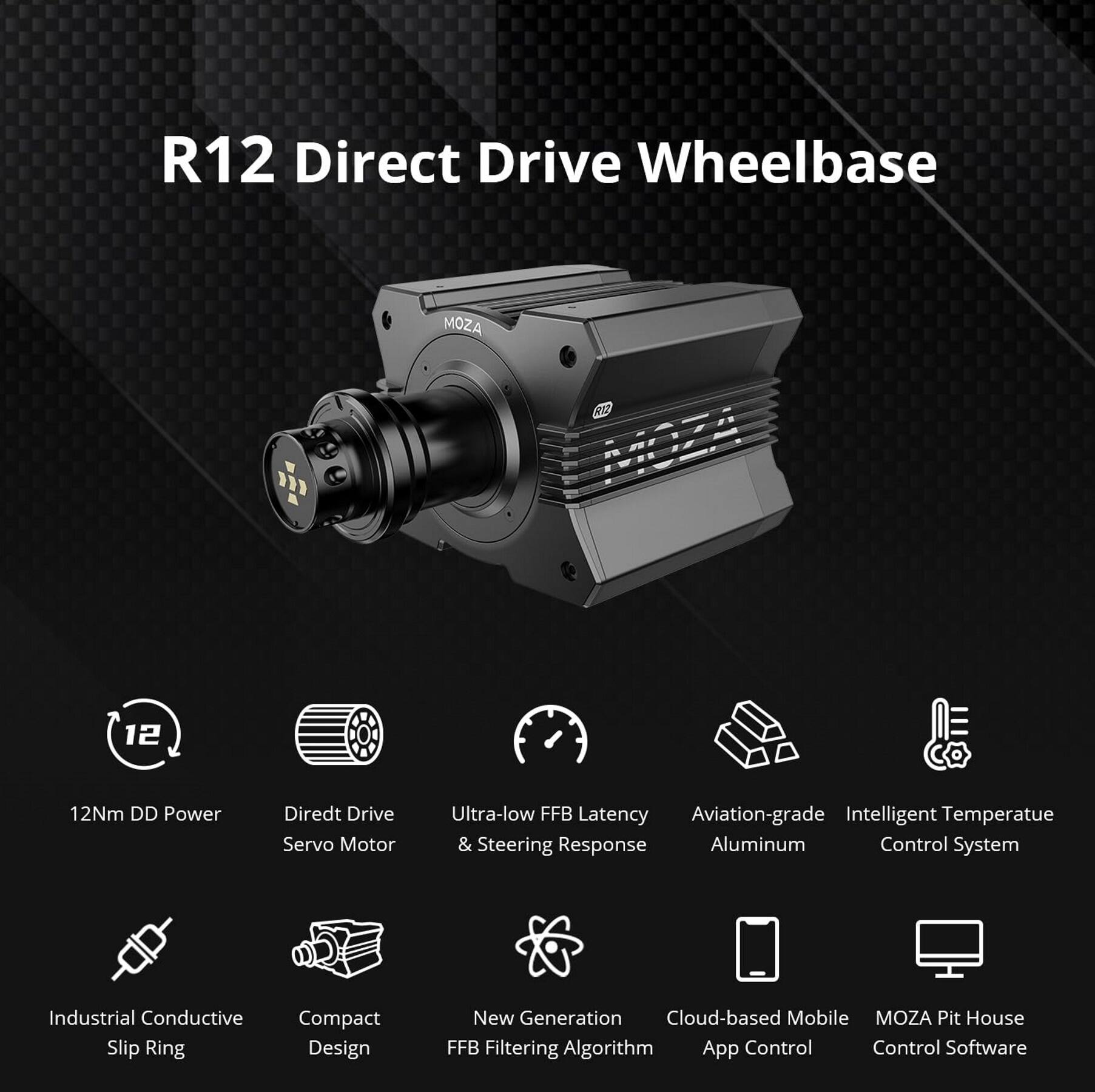R12 Direct Drive Wheelbase MOZA RC 111 12 12Nm DD Power Direct Drive Servo Motor Ultra-low FFB Latency Aviation-grade Intelligent Temperature & Steering Response Aluminum Control System Industrial Conductive Slip Ring Compact Design New Generation Cloud-based Mobile MOZA Pit House FFB Filtering Algorithm App Control Control Software