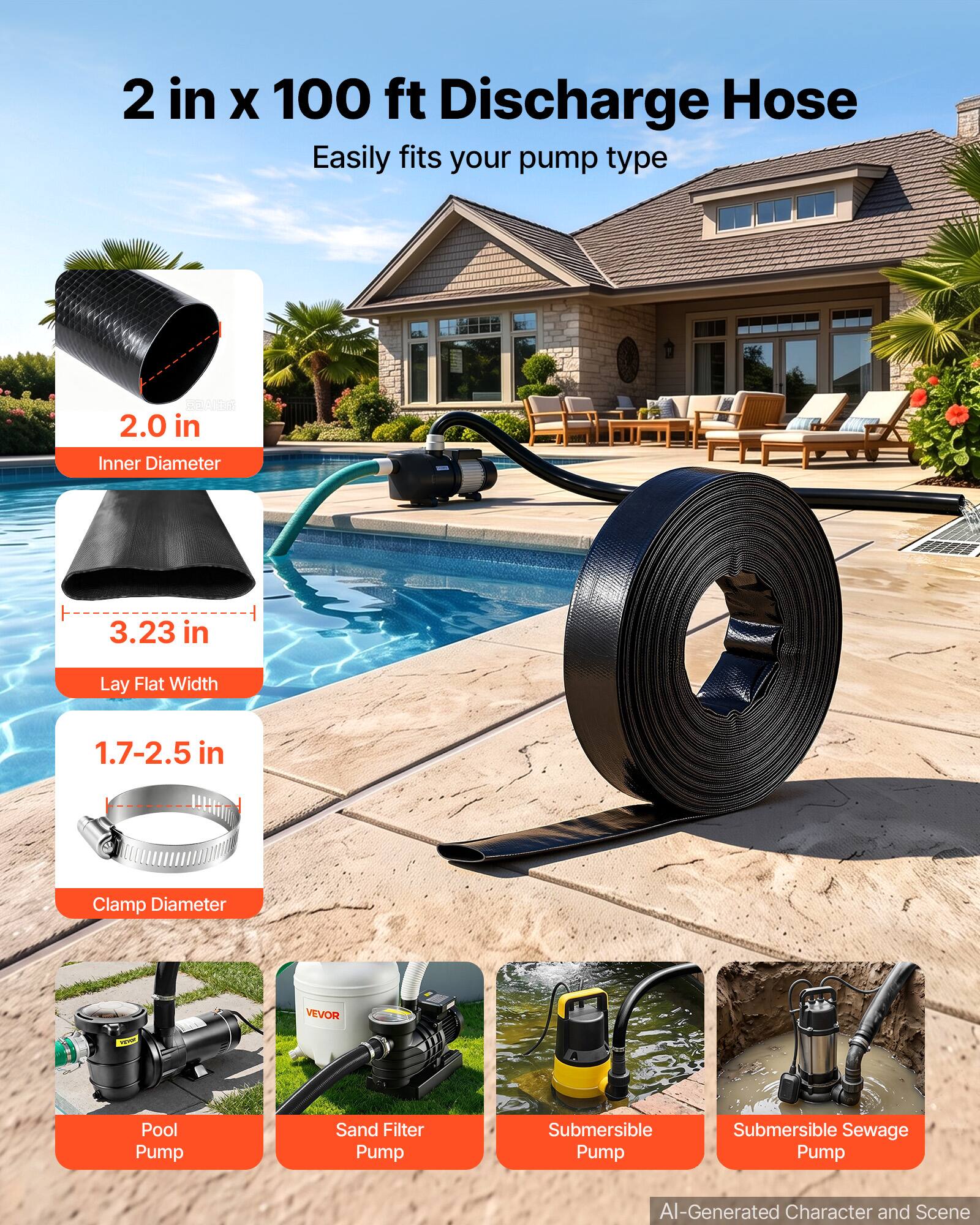 2 in x 100 ft Discharge Hose  
Easily fits your pump type

2.0 in  
Inner Diameter

3.23 in  
Lay Flat Width

1.7-2.5 in  
Clamp Diameter

Pool Pump  
Sand Filter Pump  
Submersible Pump  
Submersible Sewage Pump

AI-Generated Character and Scene