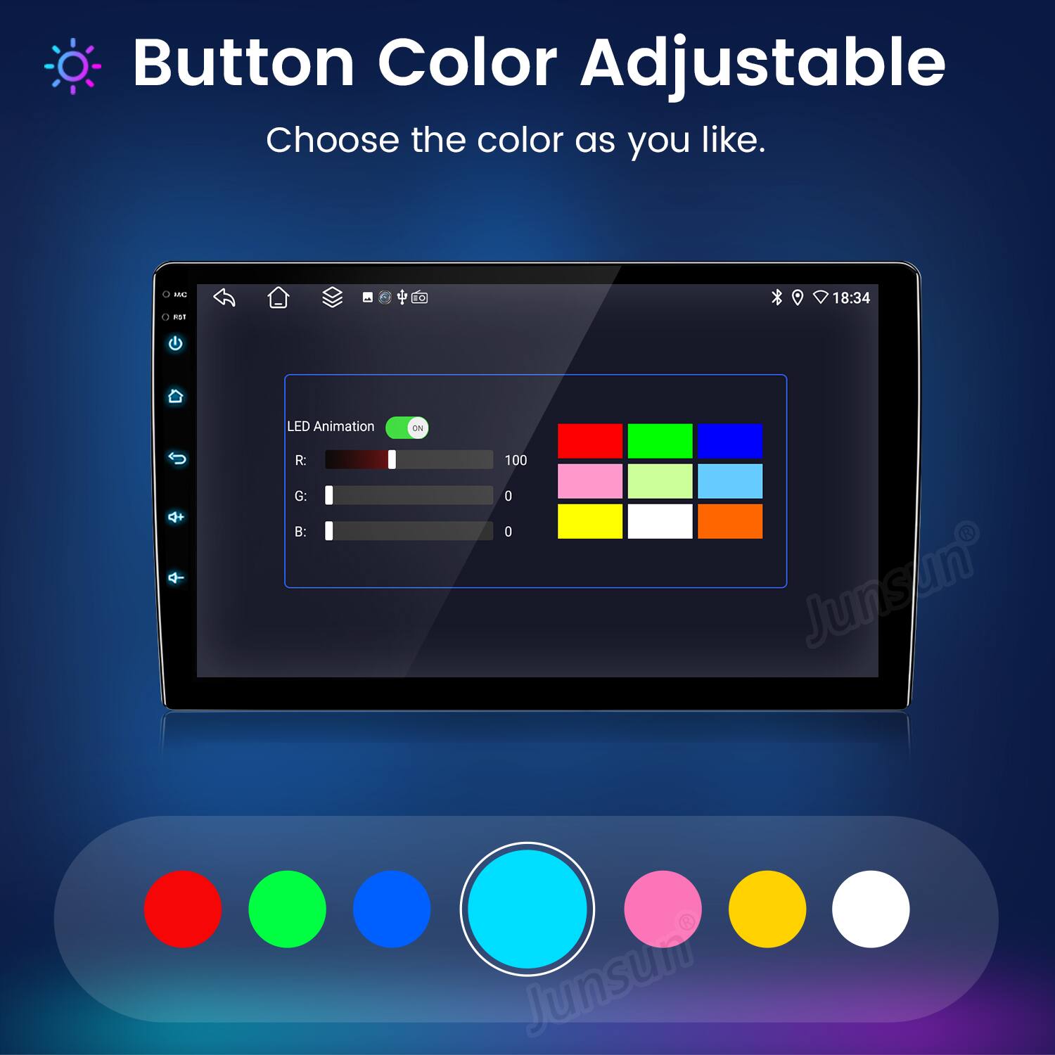 Button Color Adjustable  
Choose the color as you like.  

LED Animation  
R: 100  
G: 0  
B: 0  

Junsun Junsun