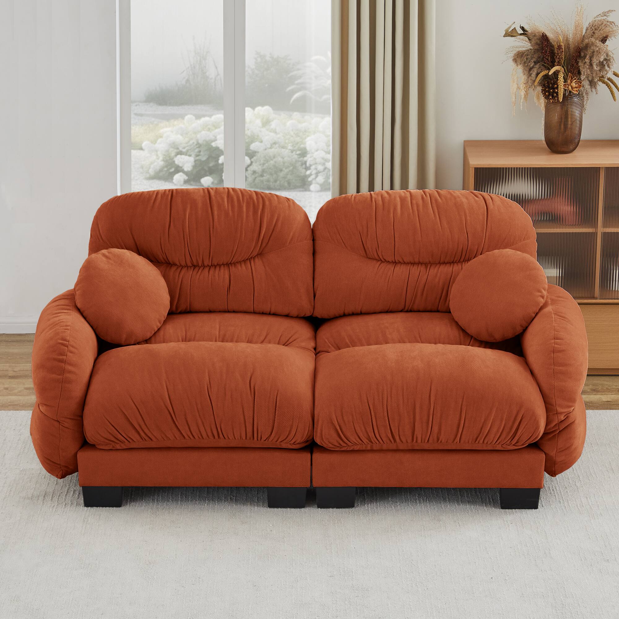 Left. Anysun - 2-Seater Modular Sofa with Chenille Fabric, High-Density Foam & Curved Armrests, Pleated Design for Living Room - Orange.