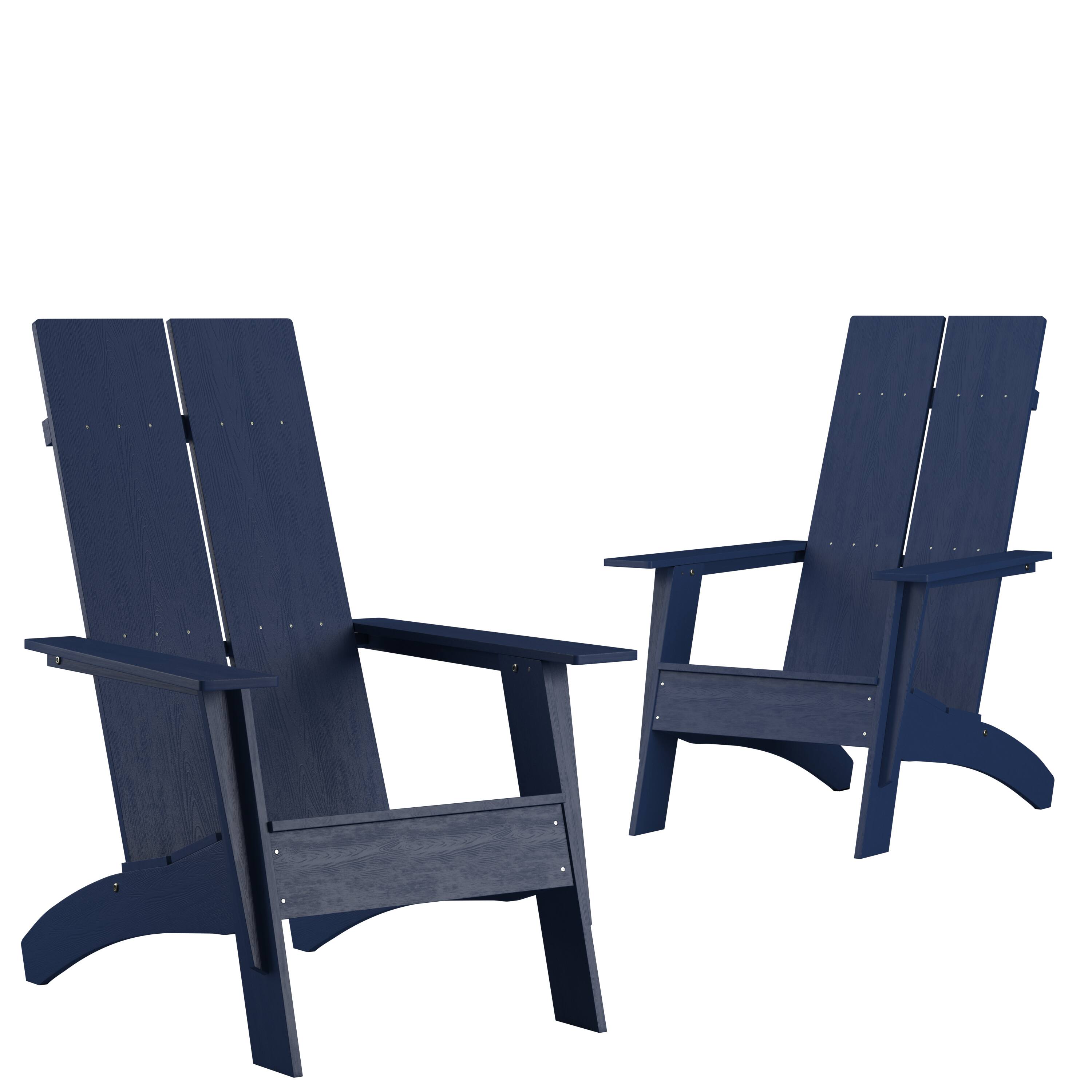Front. Emma + Oliver - Set of 2 Modern Dual Slat Back Indoor/Outdoor Adirondack Style Chairs - Navy.