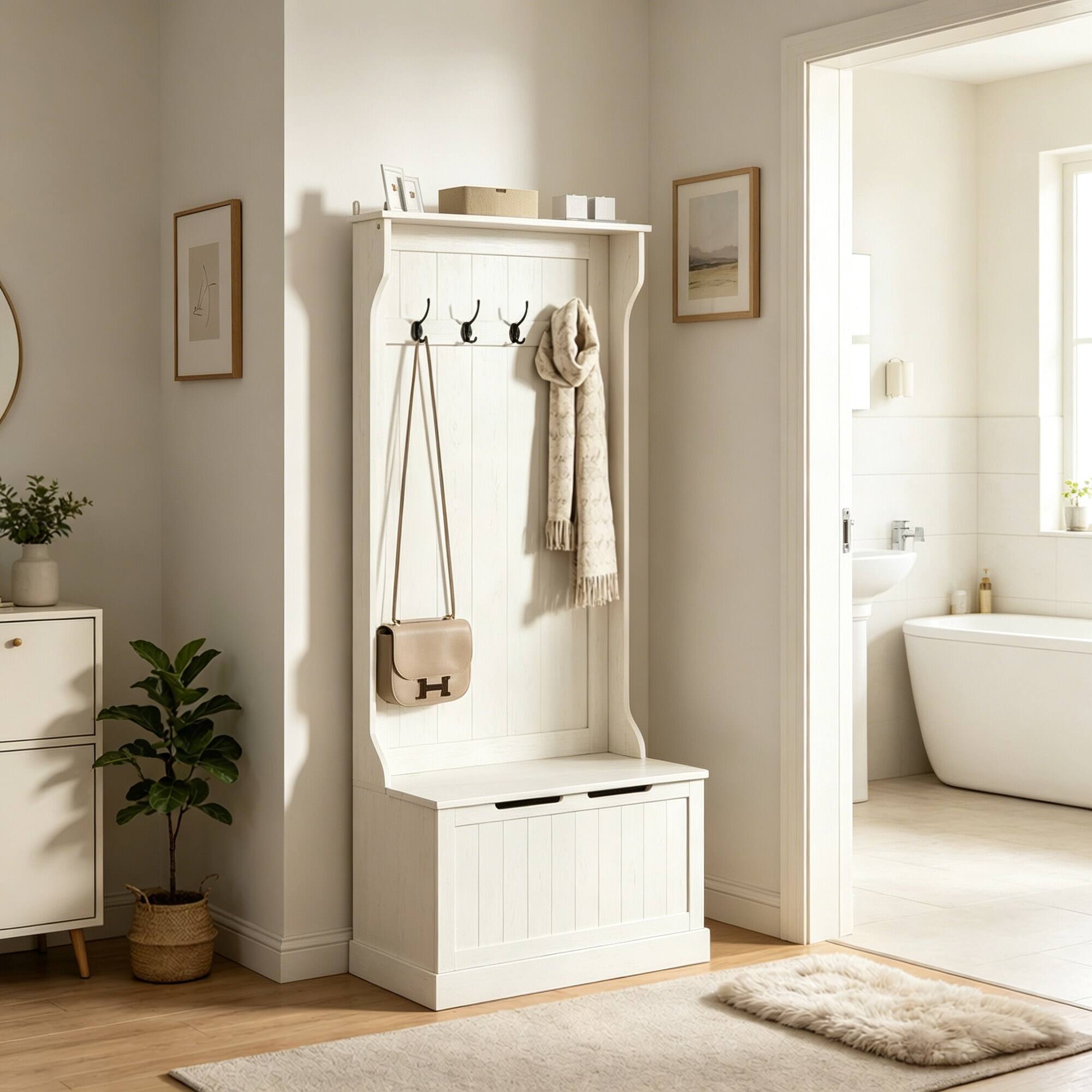 Alt View 1. RYHNUYNE - Multi-Use Hall Tree Bench, Cream White MDF, 4 Steel Double Hooks, Shoe Storage, 67 in Tall - Cream White.