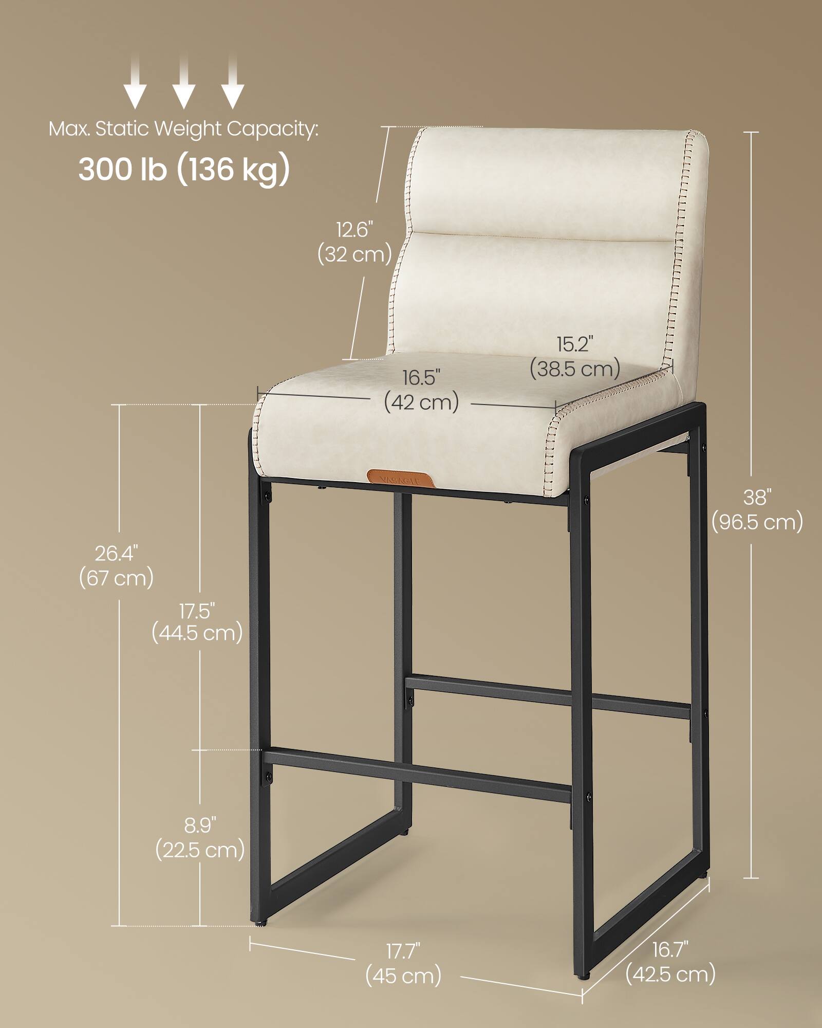 Max. Static Weight Capacity: 300 lb (136 kg)

- 12.6" (32 cm)
- 16.5" (42 cm)
- 15.2" (38.5 cm)
- 26.4" (67 cm)
- 17.5" (44.5 cm)
- 38" (96.5 cm)
- 8.9" (22.5 cm)
- 17.7" (45 cm)
- 16.7" (42.5 cm)