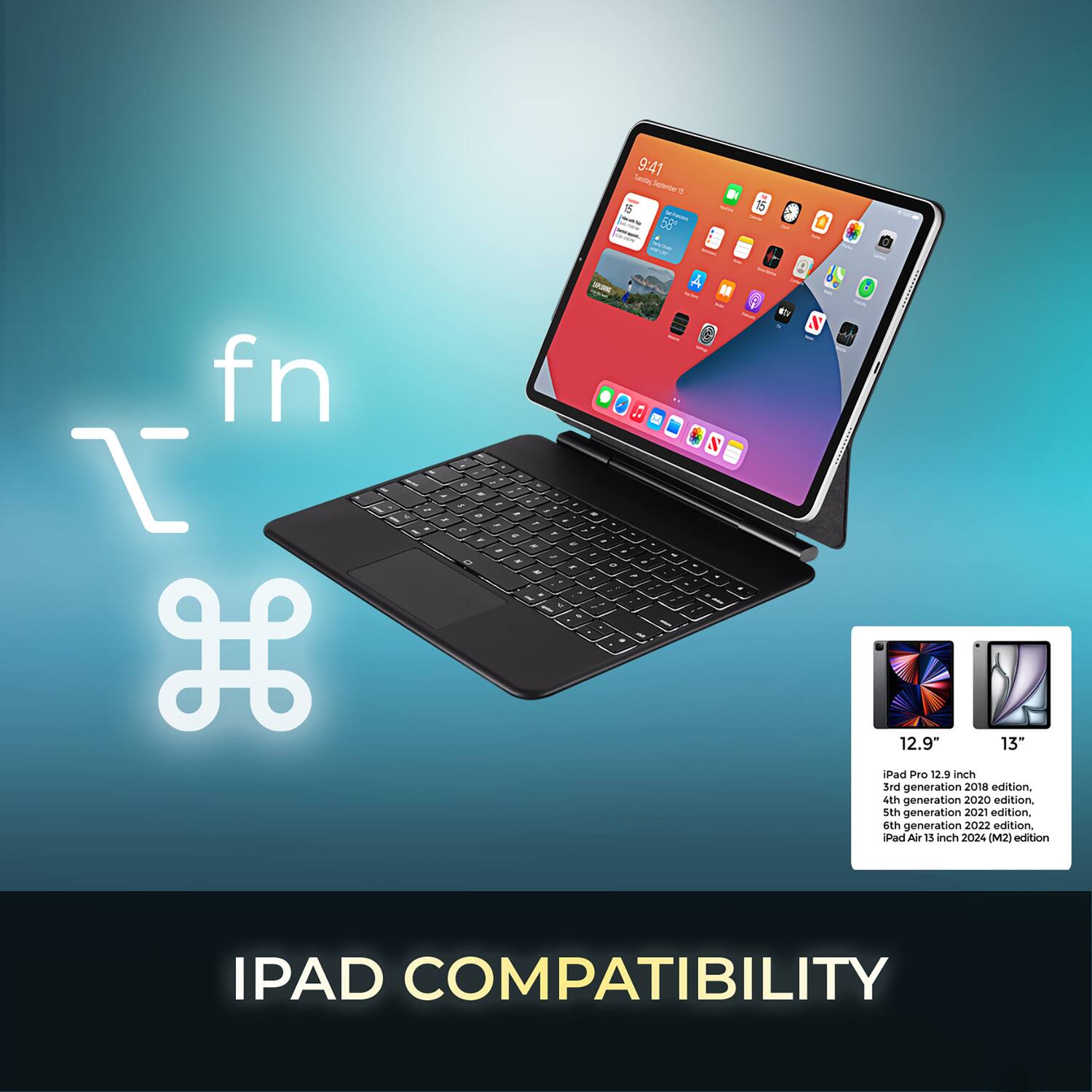 9:41  
Sech Seroe  
- S - - 58 - - 15 fn L H - - - I I - - - - . . - - 1 - . d - . . - . - > E - - - . - - - - - - - - - - - - - - I 1 . a - - . - - - - . . - - A |  N - - - - . 4 EV I : 12.9" iPad Pro 12.9 inch 3rd generation 2018 edition. 4th generation 2020 edition. 5th generation 2021 edition. 6th generation 2022 edition. iPad Air 13 inch 2024 (M2) edition.  
IPAD COMPATIBILITY