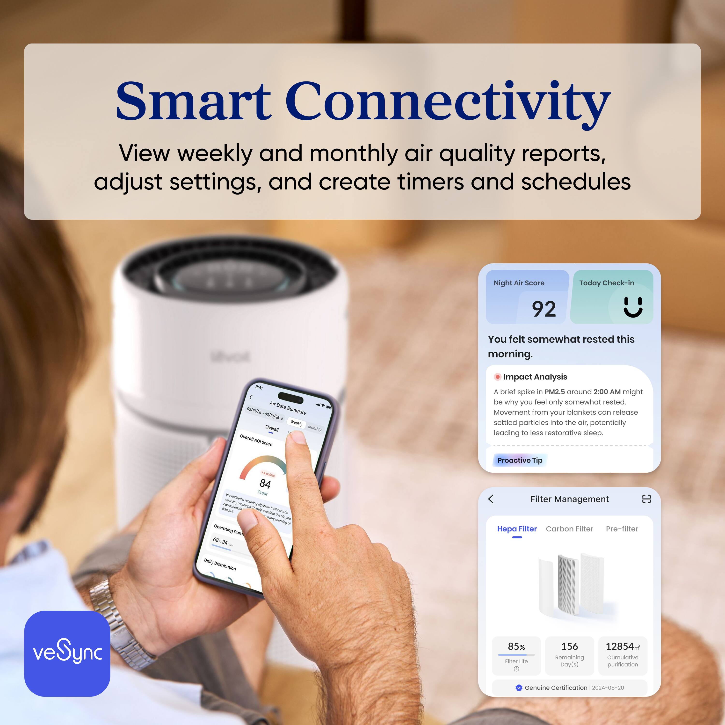 Smart Connectivity  
View weekly and monthly air quality reports, adjust settings, and create timers and schedules

Night Air Score  
Today Check-in  
92  
You felt somewhat rested this morning.

Air Data Summary  
05/09/26 Wed  
Overall  
84

Impact Analysis  
A brief spike in PM2.5 around 2:00 AM might be why you feel only somewhat rested. Movement from your blankets can release settled particles into the air, potentially leading to less restorative sleep.

Proactive Tip  
84 Great morning! 5g

Filter Management  
Operating  
Hepa Filter  
Carbon Filter  
Pre-filter

Daily Contribution  
85%  
Filter Life  
156  
Remaining Day(s)  
12854m2  
Cumulative purification

Genuine Certification  
2024-05-20