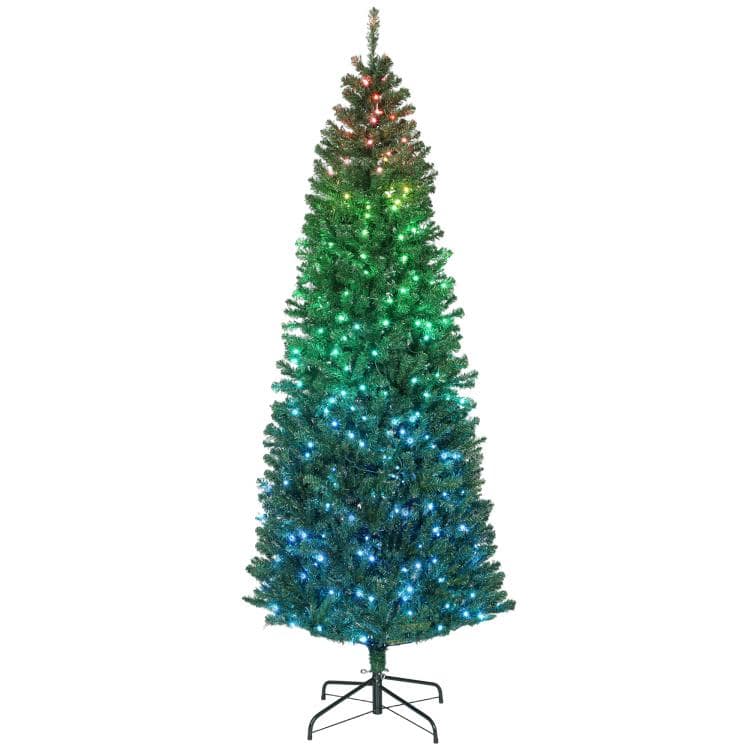 PULUZ - 7ft Artificial Christmas Tree with Colorful DIY Synchronized Lights, Remote, Hinged Slim Fir with Daily Timer - Green