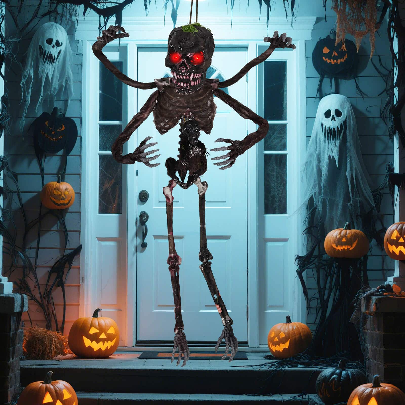 Costway - 6 FT Animated Halloween Decoration Hanging Zombie Light-up Eyes Poseable Arms - Black