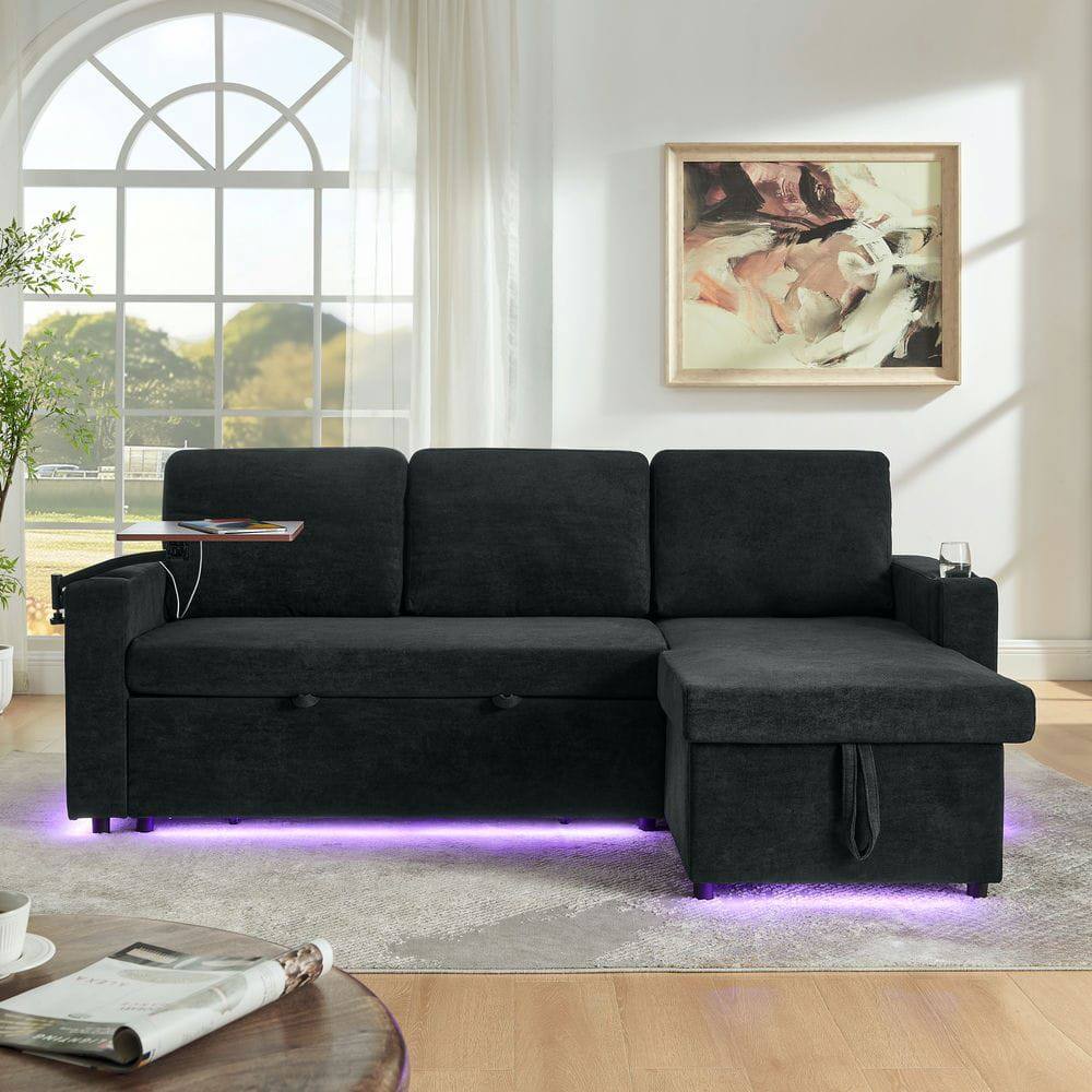 Alt View 9. Kadyn - Pull-Out Sleeper Sofa with Retractable Table, Features LED Lights, USB Ports, and Cup Holders, Black - Black.