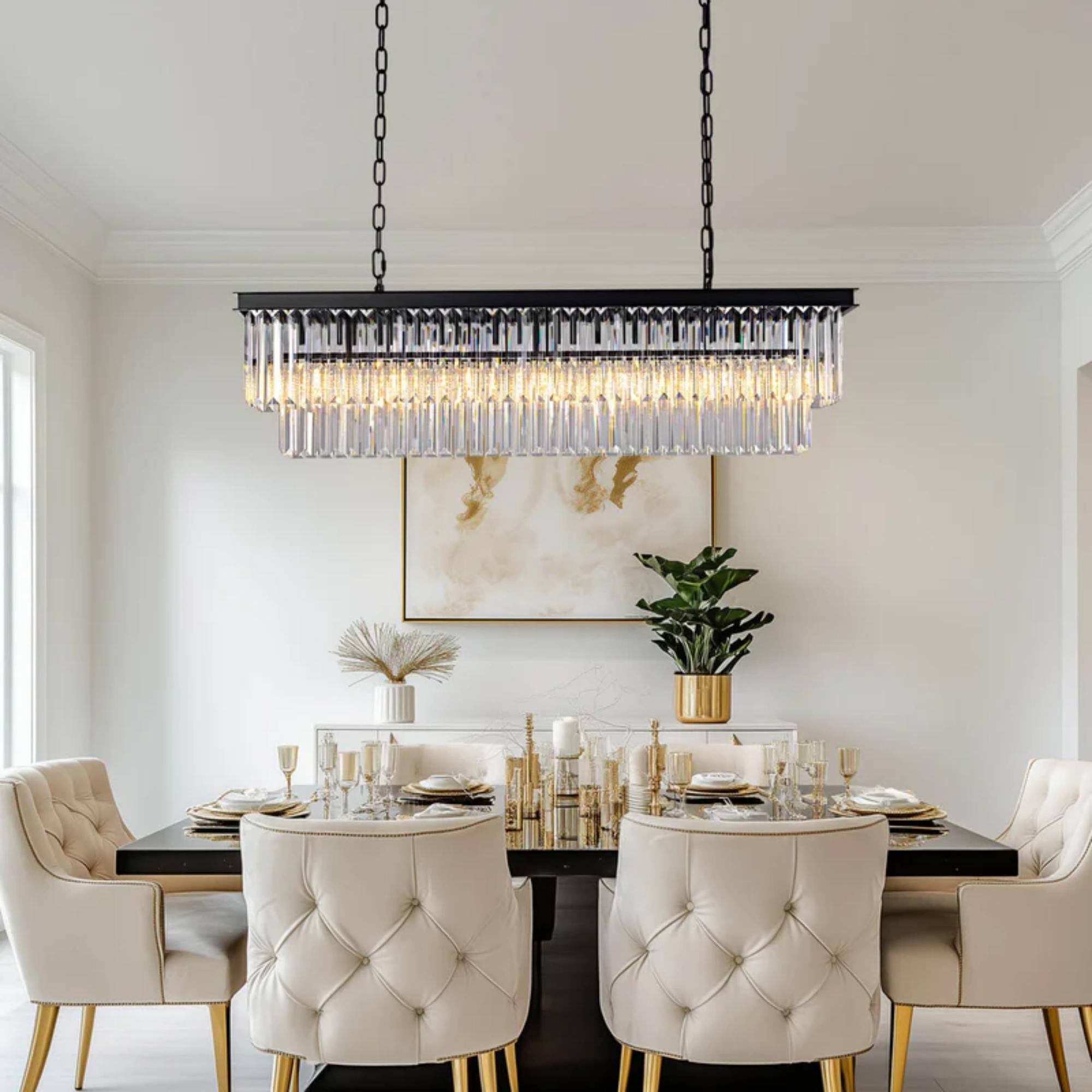 Left. Siljoy - 39.4-In 7-Light Matte Black K9 Crystal Linear Chandelier, Adjustable Rod Hardwired E12 for Kitchen Island Foyer - Matte Black.