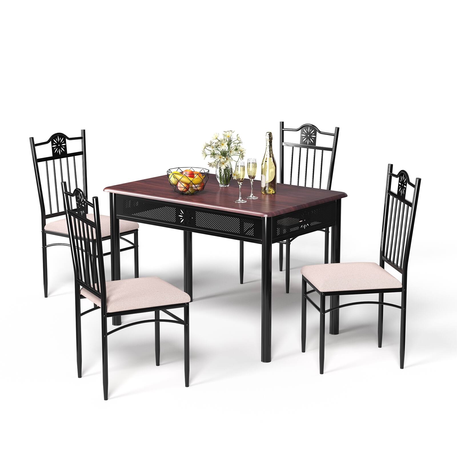 Front. Ecooso - 5 Piece Dining Room Table Set Metal Frame Table with 4 Cushioned Chairs - Brown.