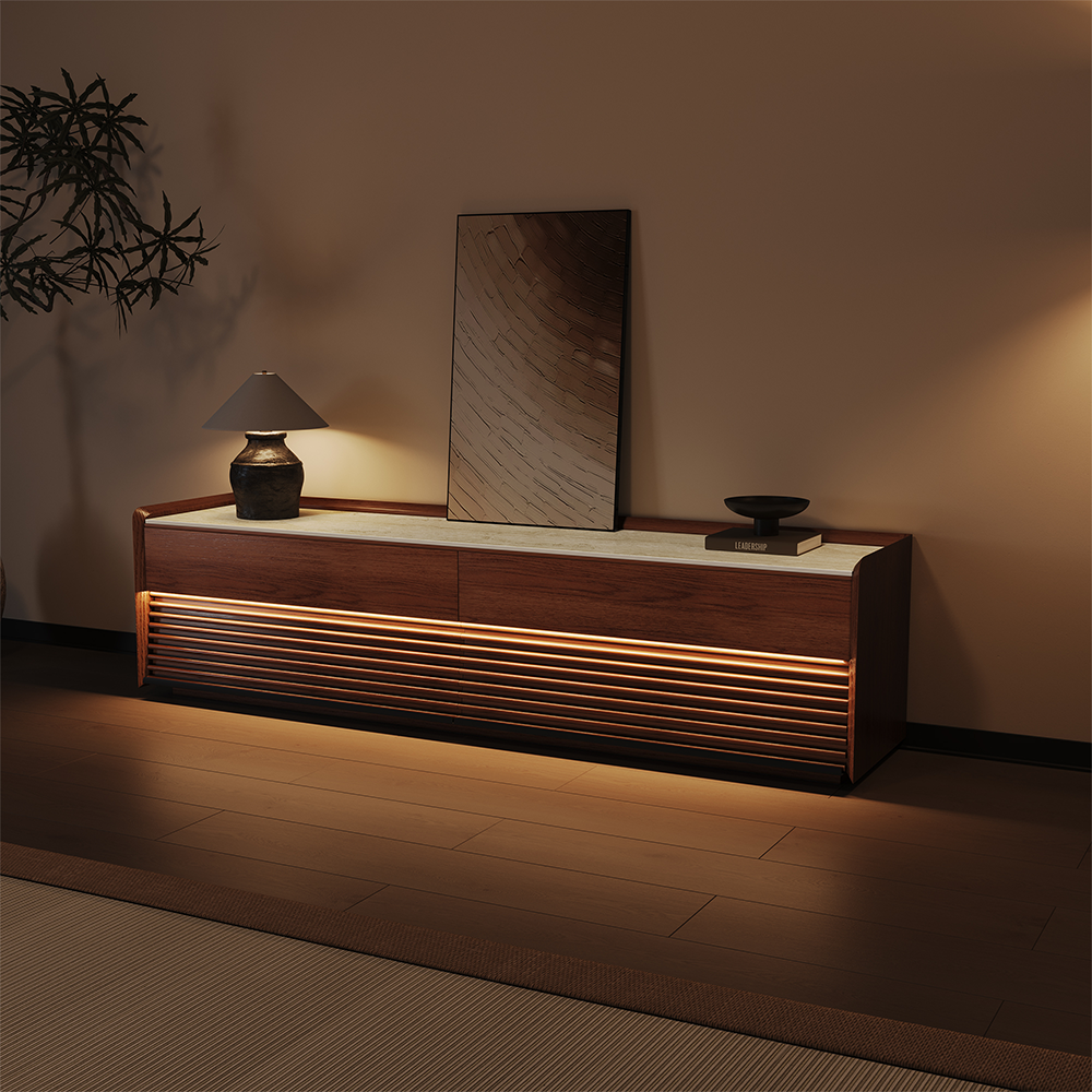 Angle. POVISON - 71" Fully-Assembled Mid-Century Matte Sintered Stone Tabletop TV Stand, Walnut Color Cabinet with Adjustable Light - Glossy White & Walnut.