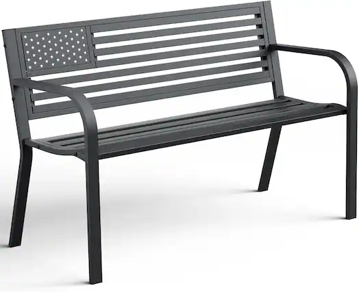 Front. Yardgrace - 47In Sturdy Outdoor Metal Bench Stars Stripes, 2-Person Patio Cast Iron Steel for Porch Yard Lawn - Black.