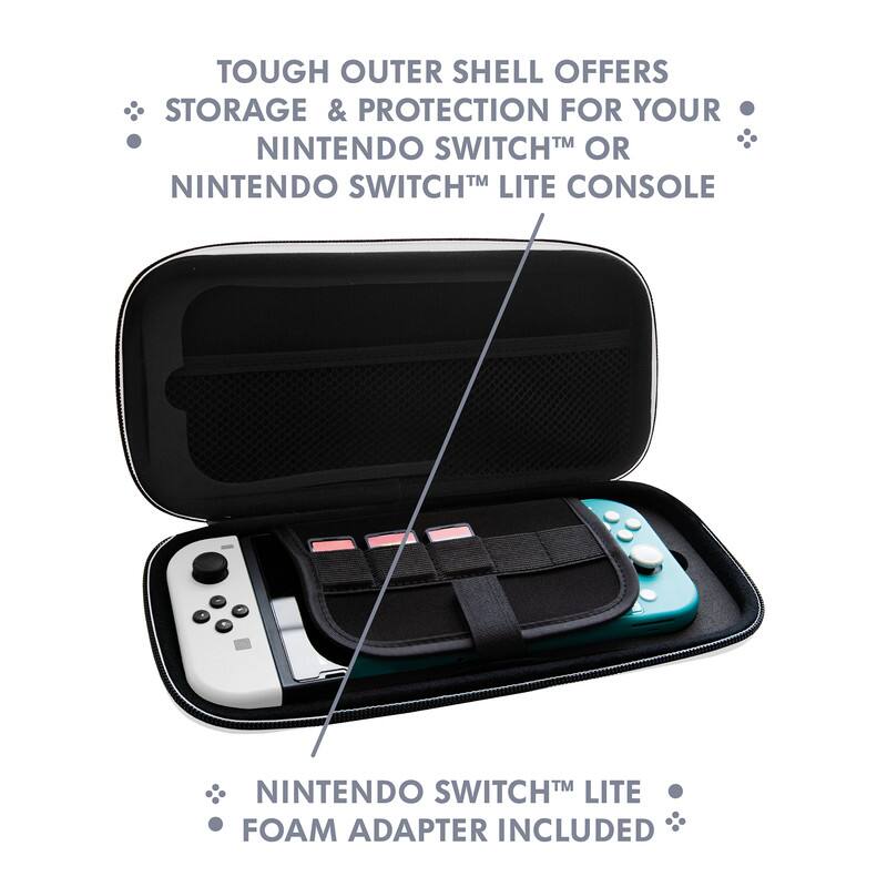 TOUGH OUTER SHELL OFFERS STORAGE & PROTECTION FOR YOUR NINTENDO SWITCH™ OR NINTENDO SWITCH™ LITE CONSOLE

NINTENDO SWITCH™ LITE FOAM ADAPTER INCLUDED