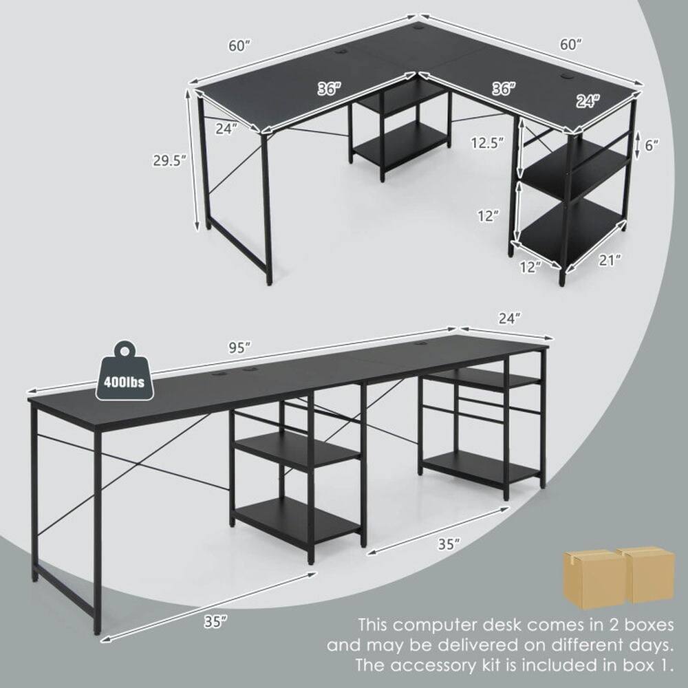 60" 60" 36" 36" 24" 29.5" 24" 12.5" 6" 12" 12" 21" 24" 95" 400lbs 35" 35" This computer desk comes in 2 boxes and may be delivered on different days. The accessory kit is included in box 1.
