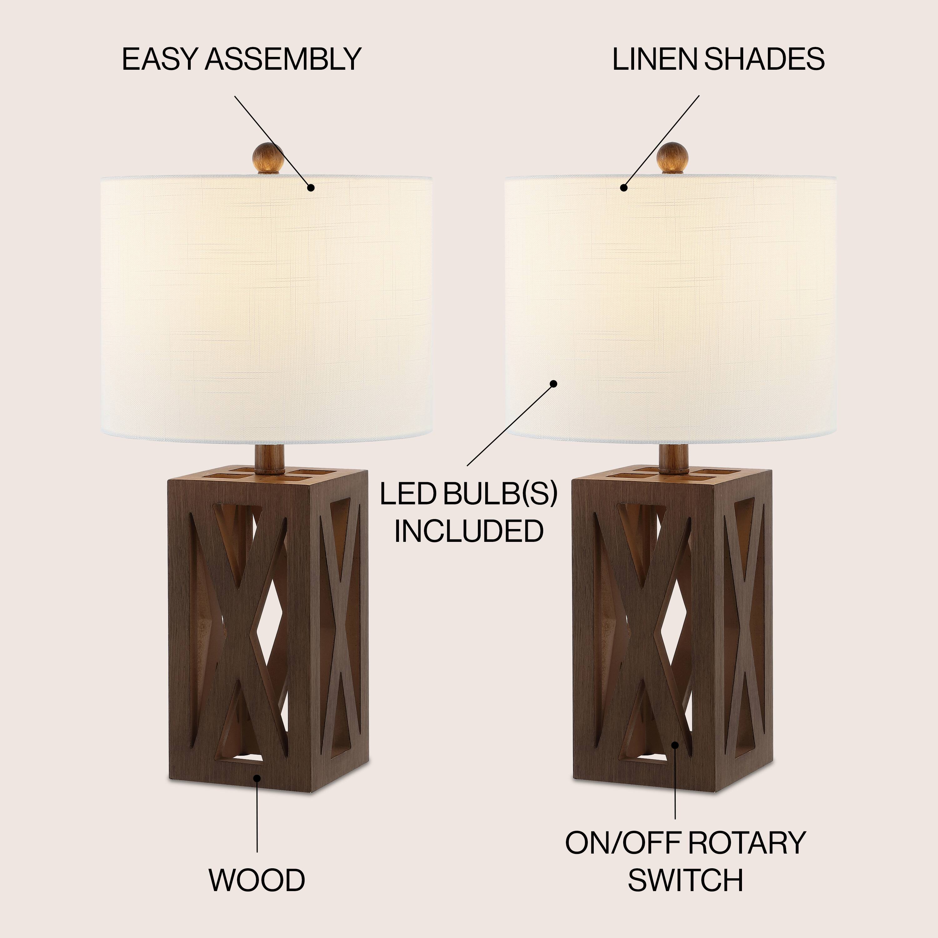 EASY ASSEMBLY  
LINEN SHADES  
LED BULB(S) INCLUDED  
WOOD  
ON/OFF ROTARY SWITCH