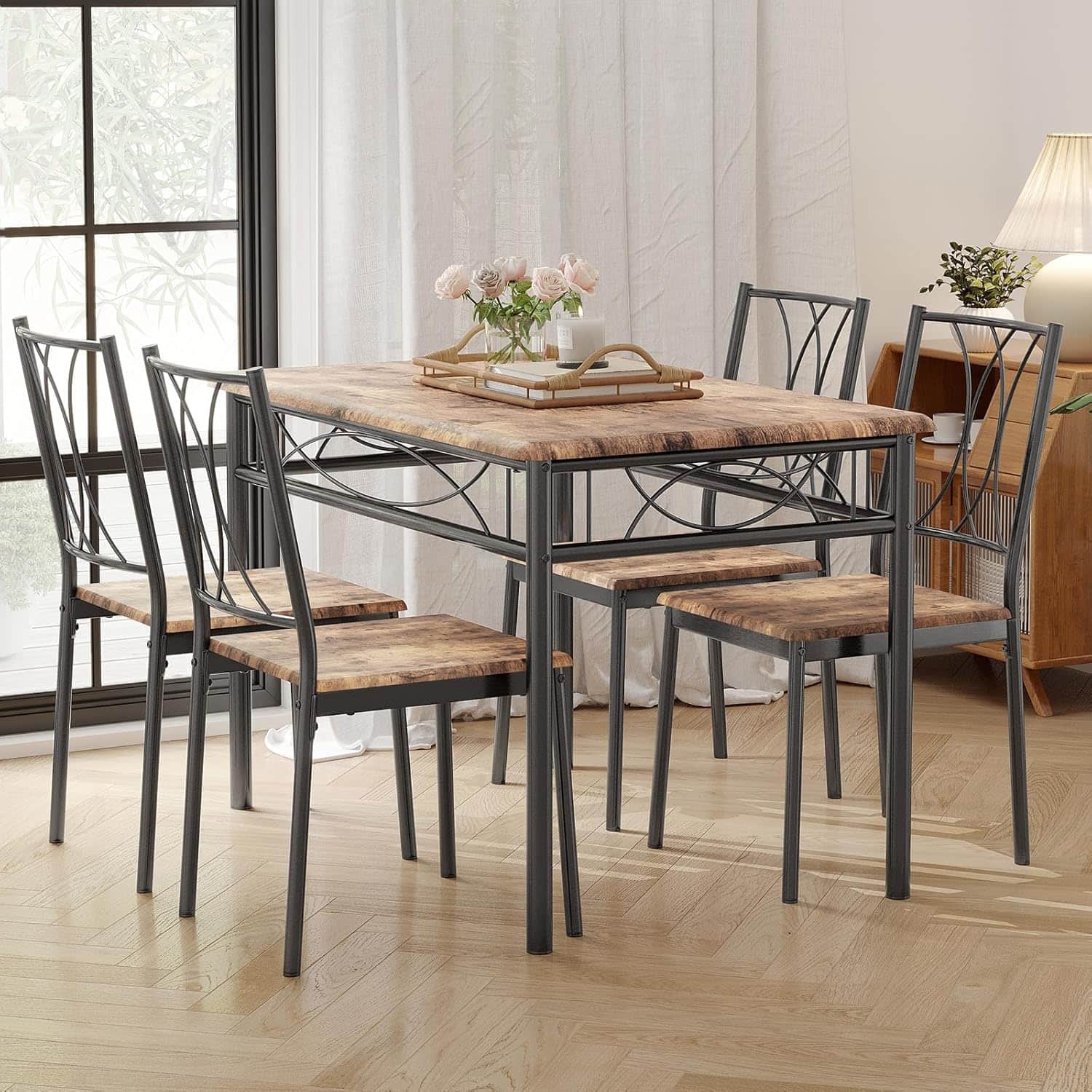 Acekool - Dining Table and Chairs Set 4, Kitchen Table Set with 4 Chairs with Backrest - Brown