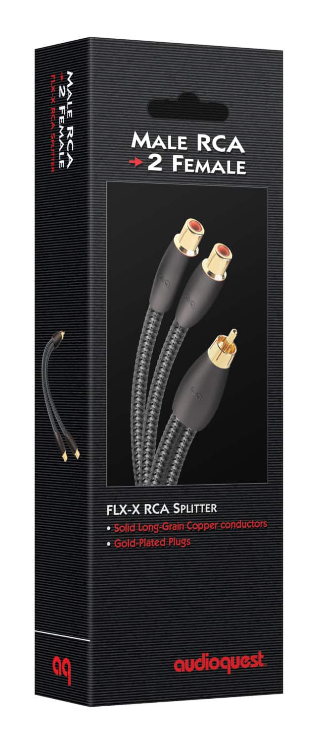 The text on the image reads: "X FLXX RCA SPUTTER 2 MALE FEMALE RCA MALE RCA 2 FEMALE GC & P FLX-X RCA SPLITTER Solid Long-Grain Copper conductors Gold-Plated Plugs aq audioquest."