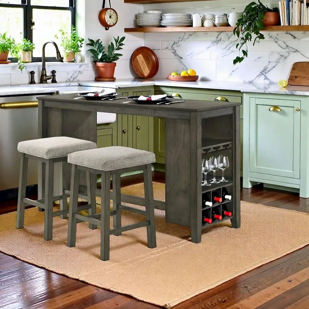 Left. FurniFact - Bar Table with Stools – Small Kitchen Table for 2 in Solid Wood Finish - Brown.