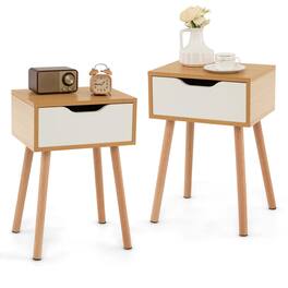 Costway - 2PCS Nightstand End Side Sofa Table Storage Drawer Living Room with Solid Wood Leg - Natural/White