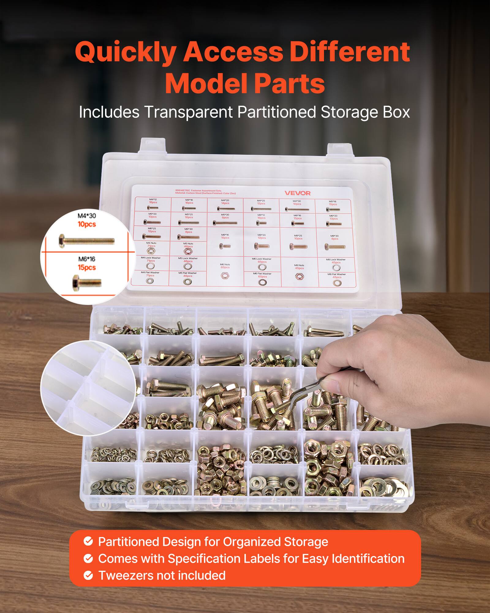 Quickly Access Different Model Parts  
Includes Transparent Partitioned Storage Box

Partitioned Design for Organized Storage  
Comes with Specification Labels for Easy Identification  
Tweezers not included

M4*30 10pcs  
M6*16 15pcs