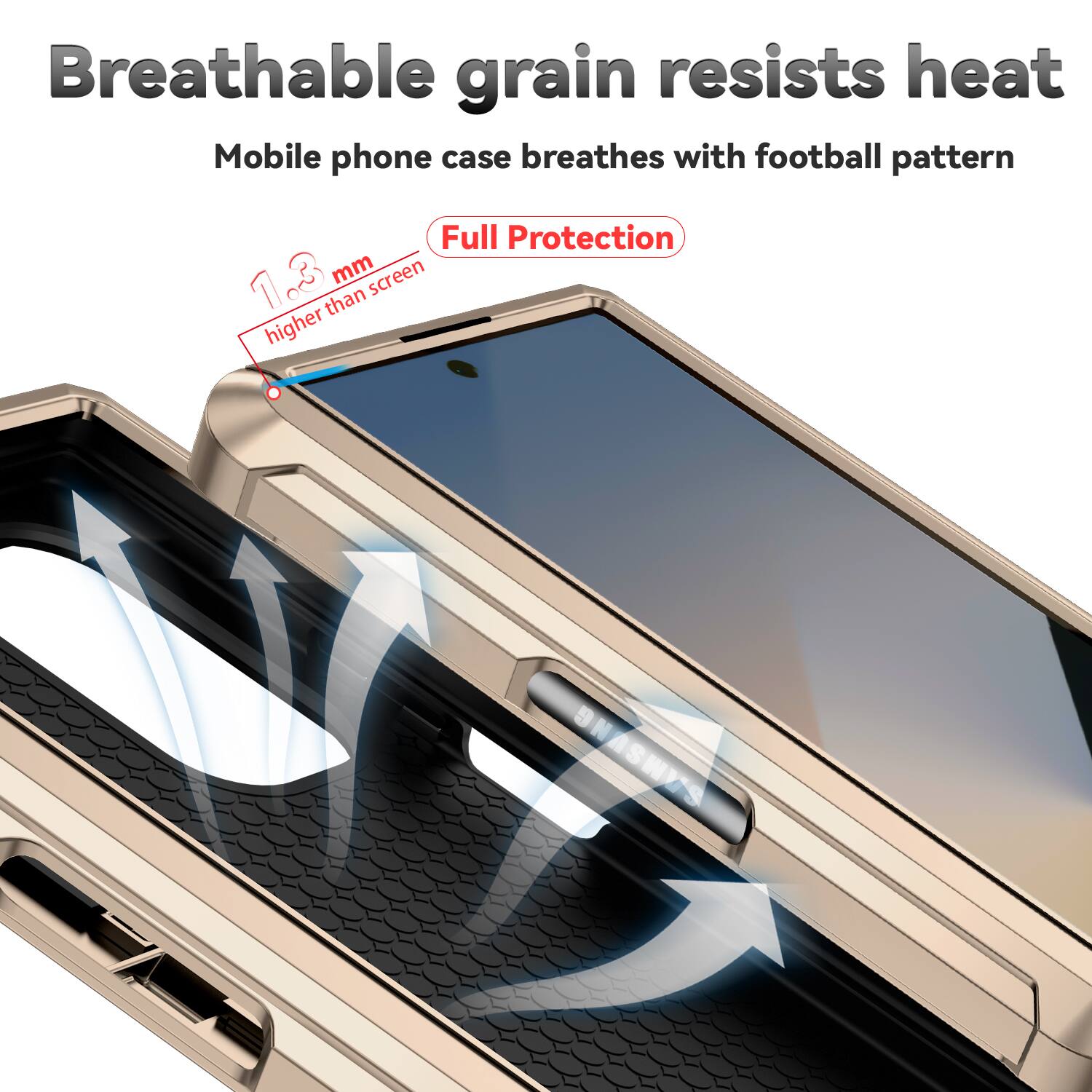 Breathable grain resists heat  
Mobile phone case breathes with football pattern  
Full Protection  
1.3 mm higher than screen